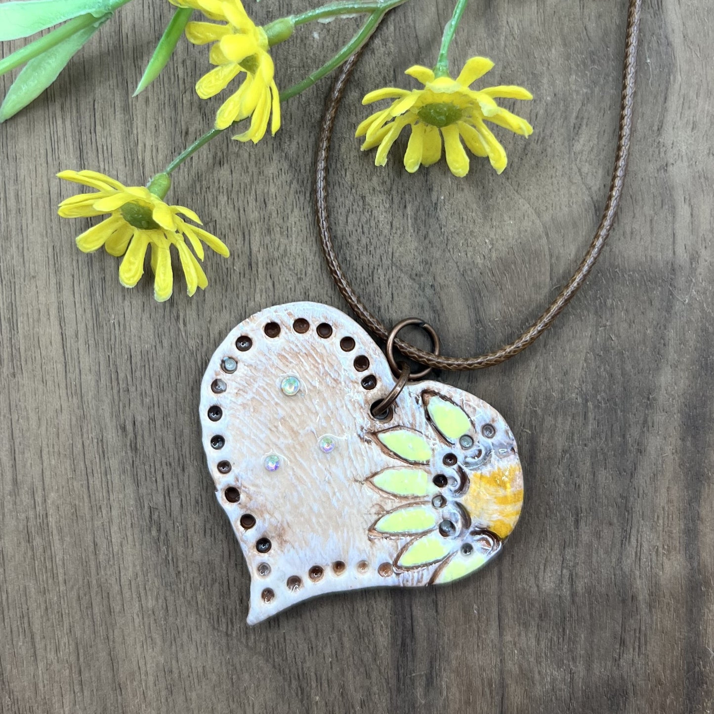 Sunflower Love | Brown Heart-Shaped Polymer Clay Necklace with Yellow Flower Accent