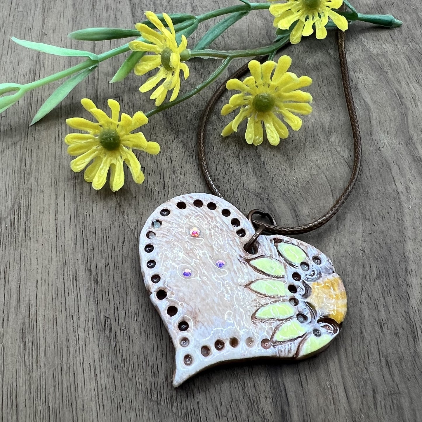 Sunflower Love | Brown Heart-Shaped Polymer Clay Necklace with Yellow Flower Accent