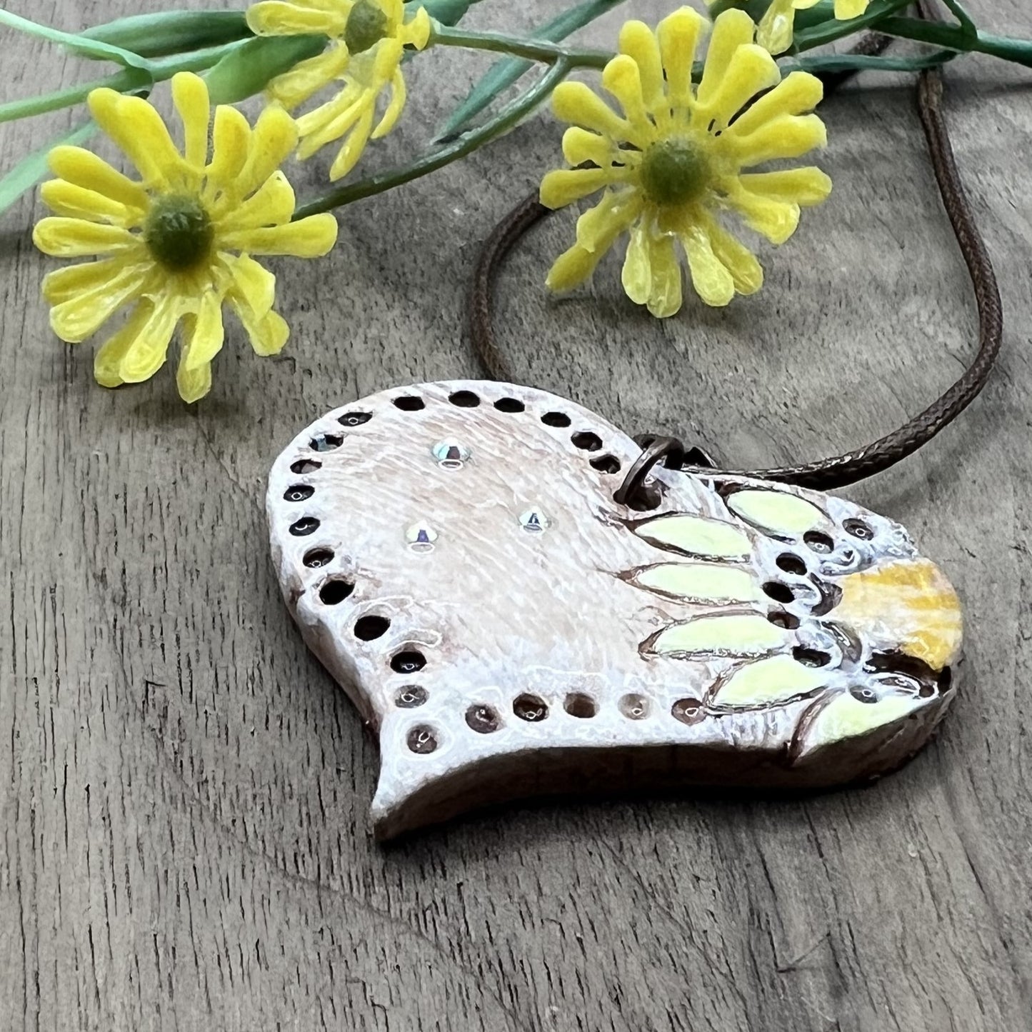 Sunflower Love | Brown Heart-Shaped Polymer Clay Necklace with Yellow Flower Accent