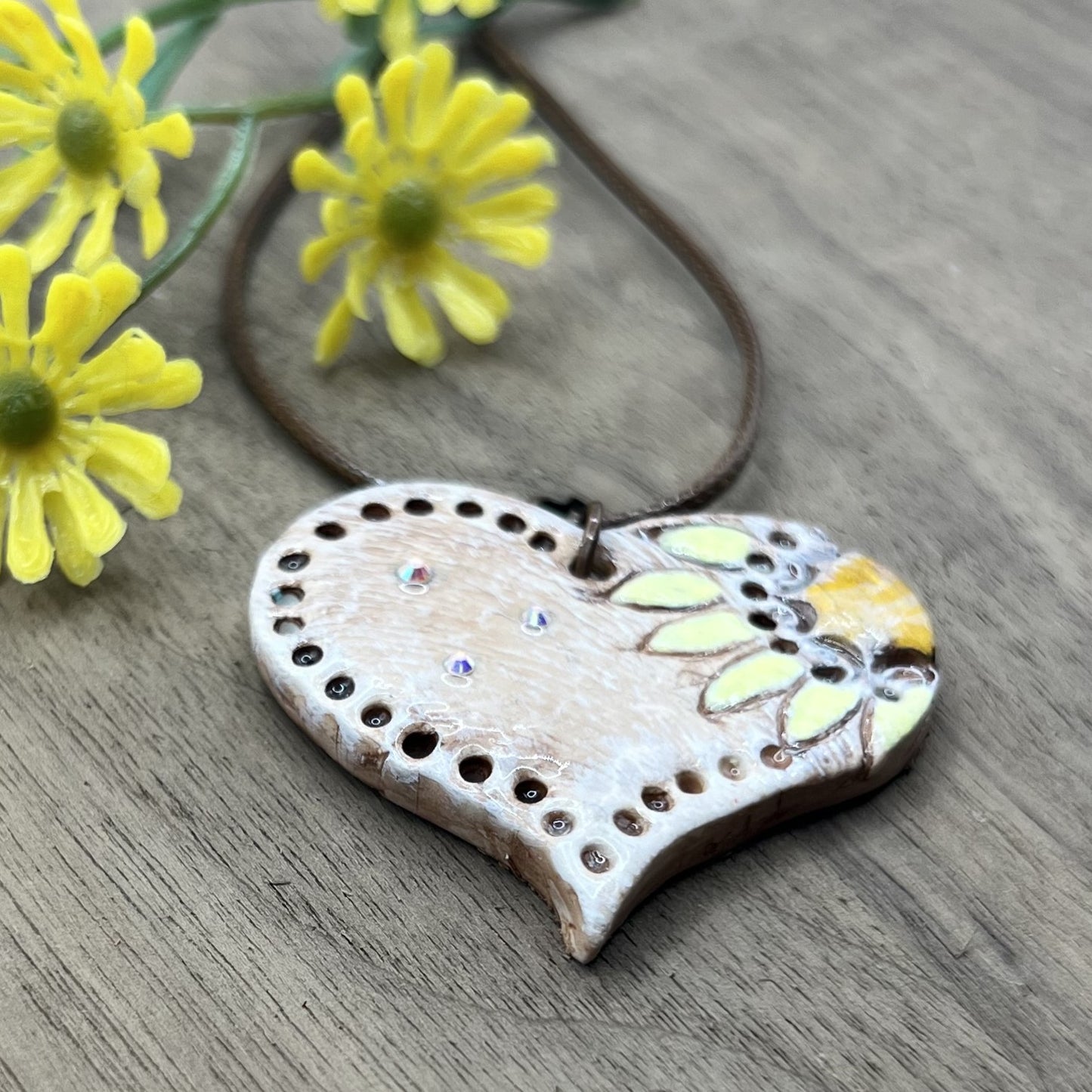 Sunflower Love | Brown Heart-Shaped Polymer Clay Necklace with Yellow Flower Accent