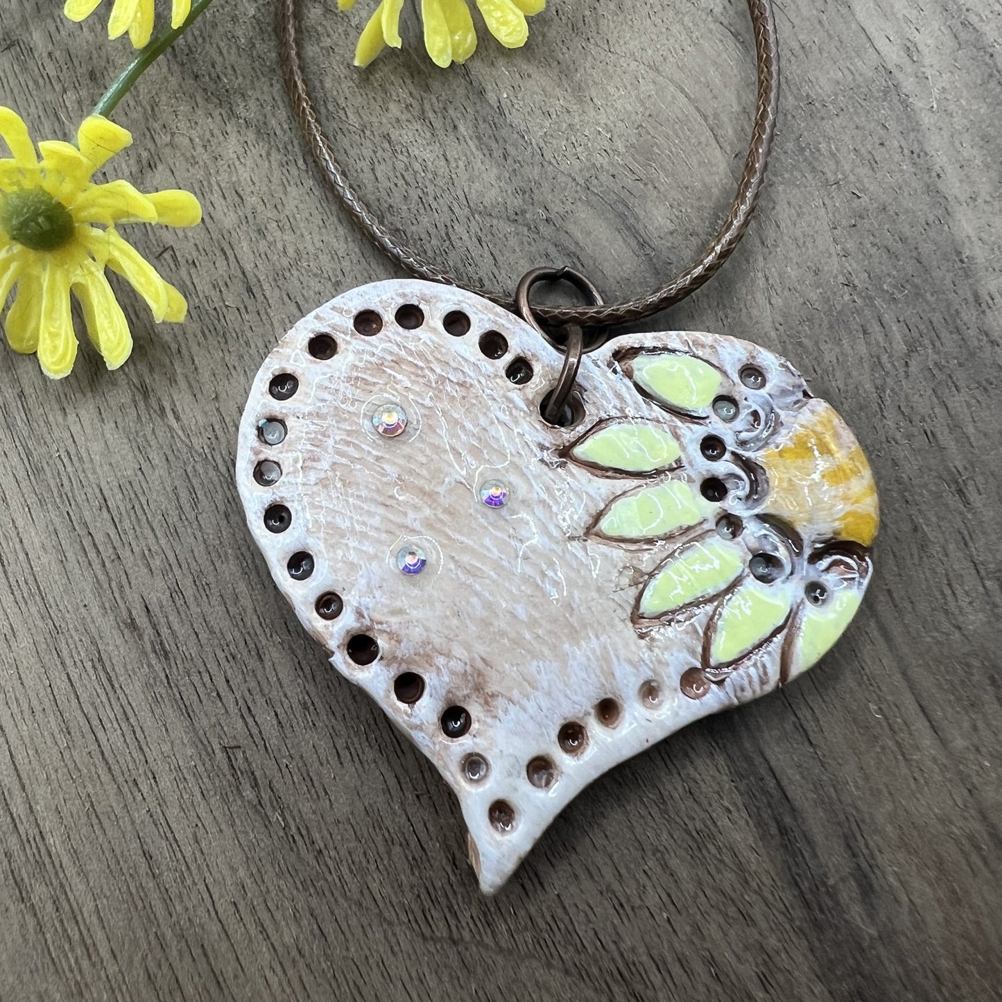 Sunflower Love | Brown Heart-Shaped Polymer Clay Necklace with Yellow Flower Accent