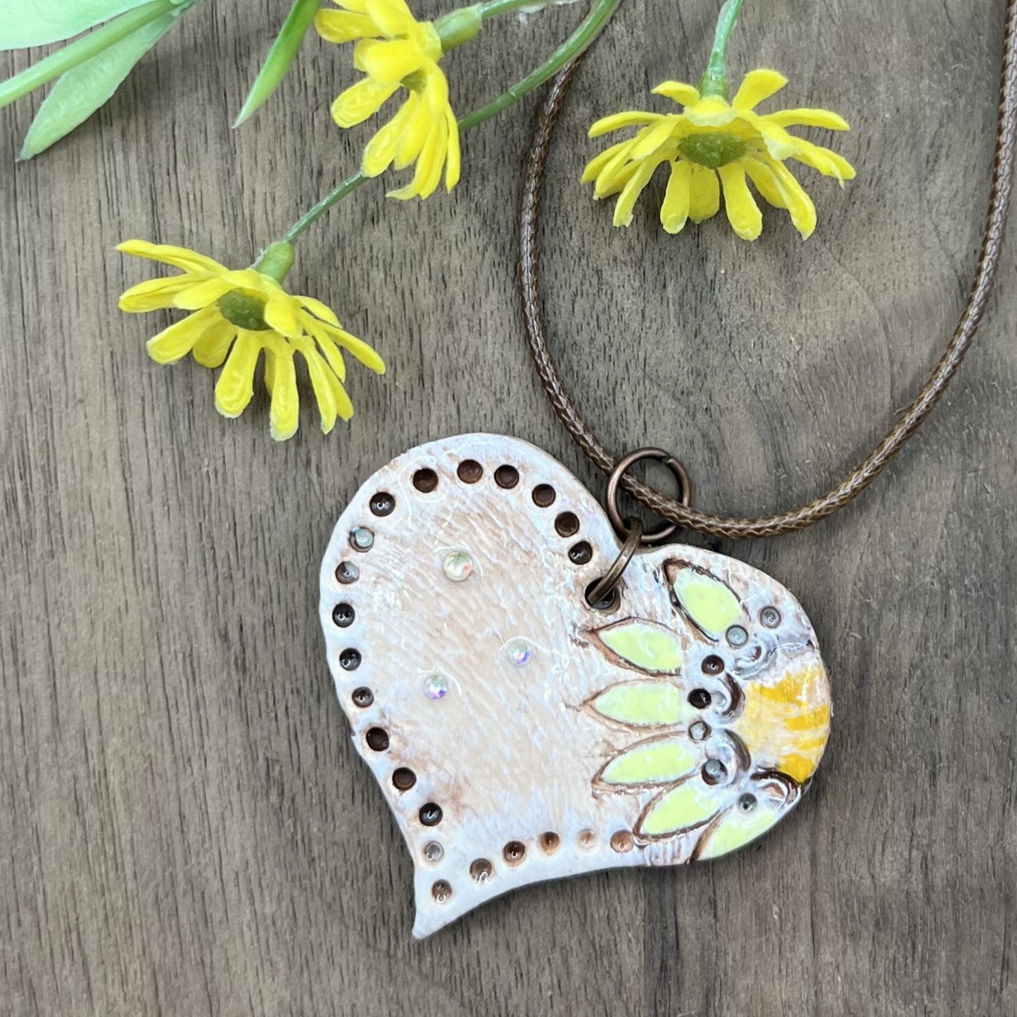 Sunflower Love | Brown Heart-Shaped Polymer Clay Necklace with Yellow Flower Accent