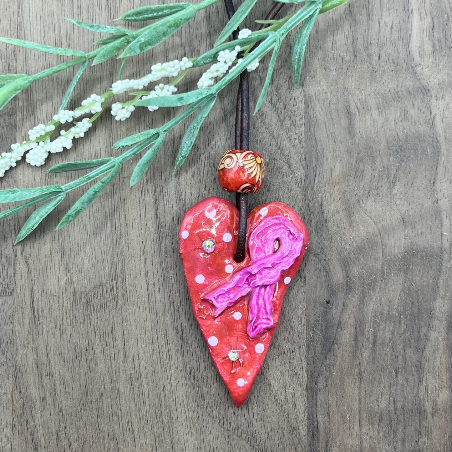 Heartfelt | Breast Cancer Awareness Red and Pink Clay Polymer Heart Pendant Necklace