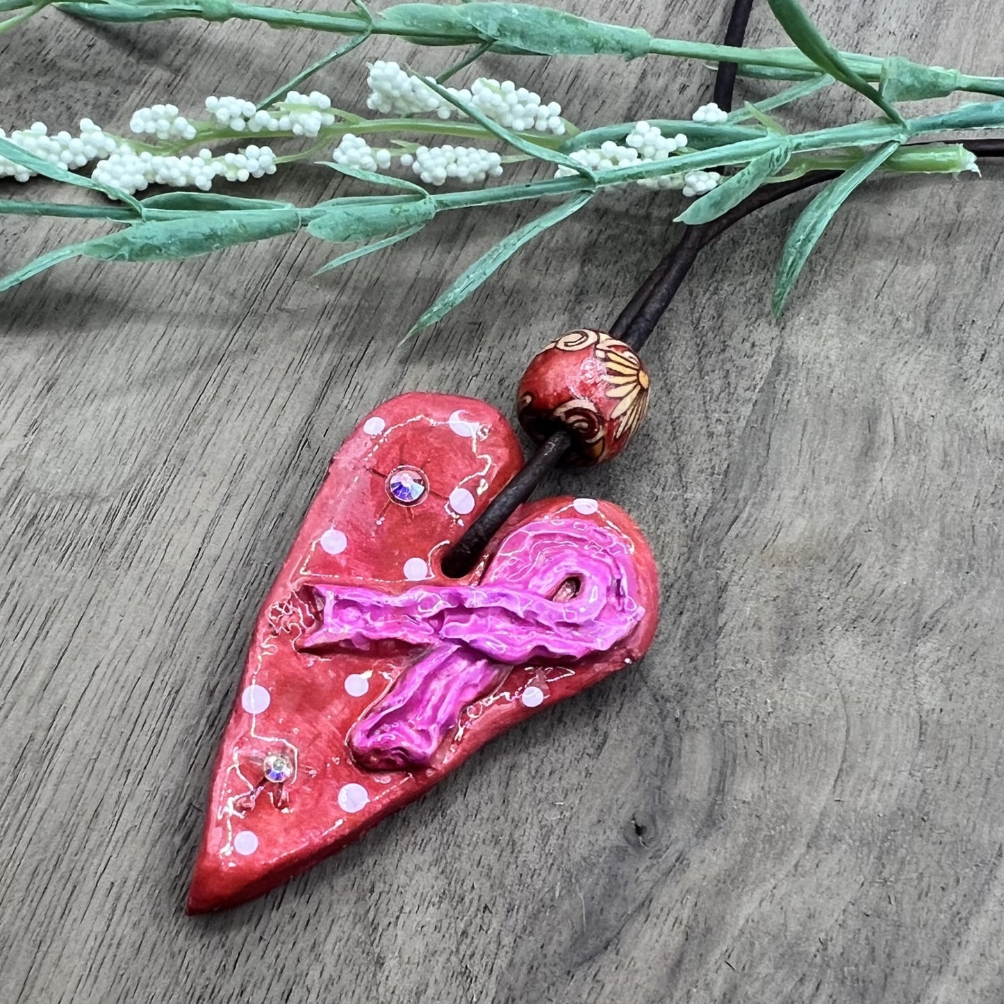 Heartfelt | Breast Cancer Awareness Red and Pink Clay Polymer Heart Pendant Necklace