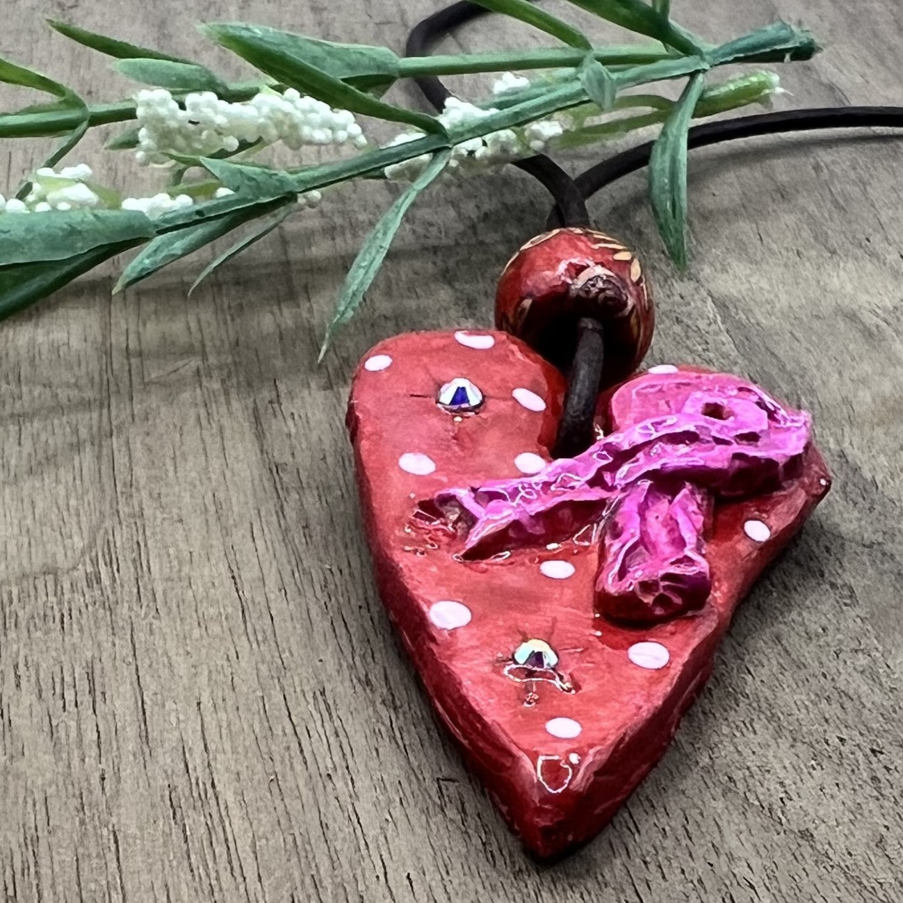 Heartfelt | Breast Cancer Awareness Red and Pink Clay Polymer Heart Pendant Necklace