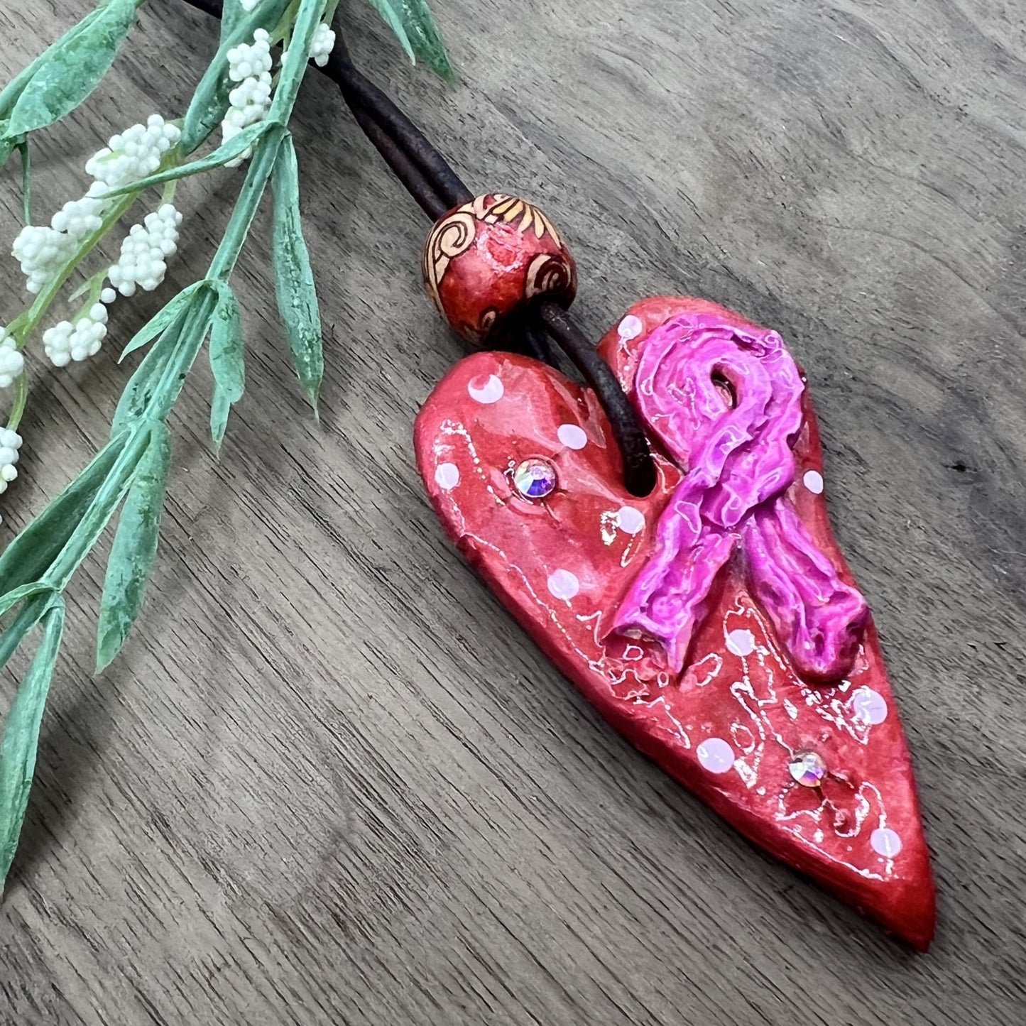 Heartfelt | Breast Cancer Awareness Red and Pink Clay Polymer Heart Pendant Necklace