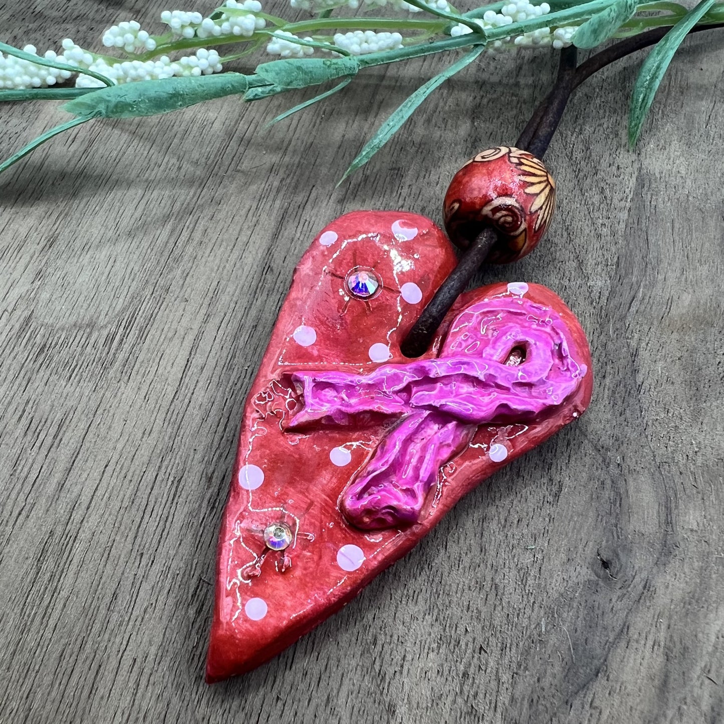 Heartfelt | Breast Cancer Awareness Red and Pink Clay Polymer Heart Pendant Necklace