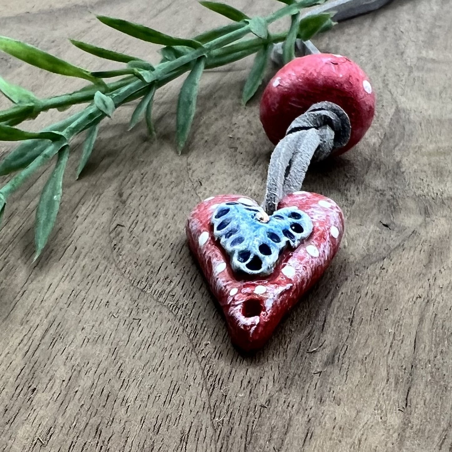 Joyful Affection | Pink Heart Pendant Polymer Clay Necklace with Blue Heart Accent