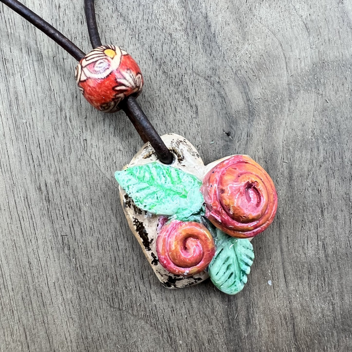 Rustic Rose Garden | Pink and Brown Heart-Shaped Polymer Clay Necklace Pendant