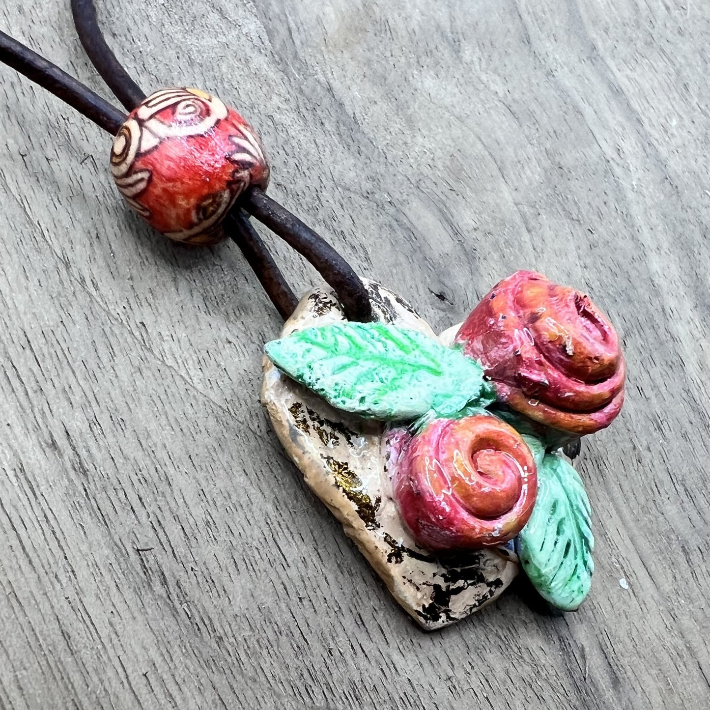 Rustic Rose Garden | Pink and Brown Heart-Shaped Polymer Clay Necklace Pendant