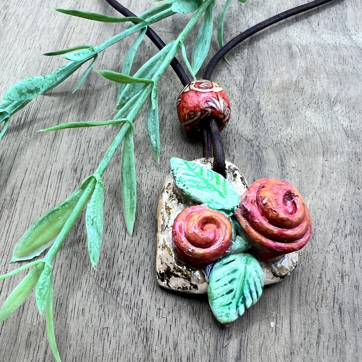 Rustic Rose Garden | Pink and Brown Heart-Shaped Polymer Clay Necklace Pendant