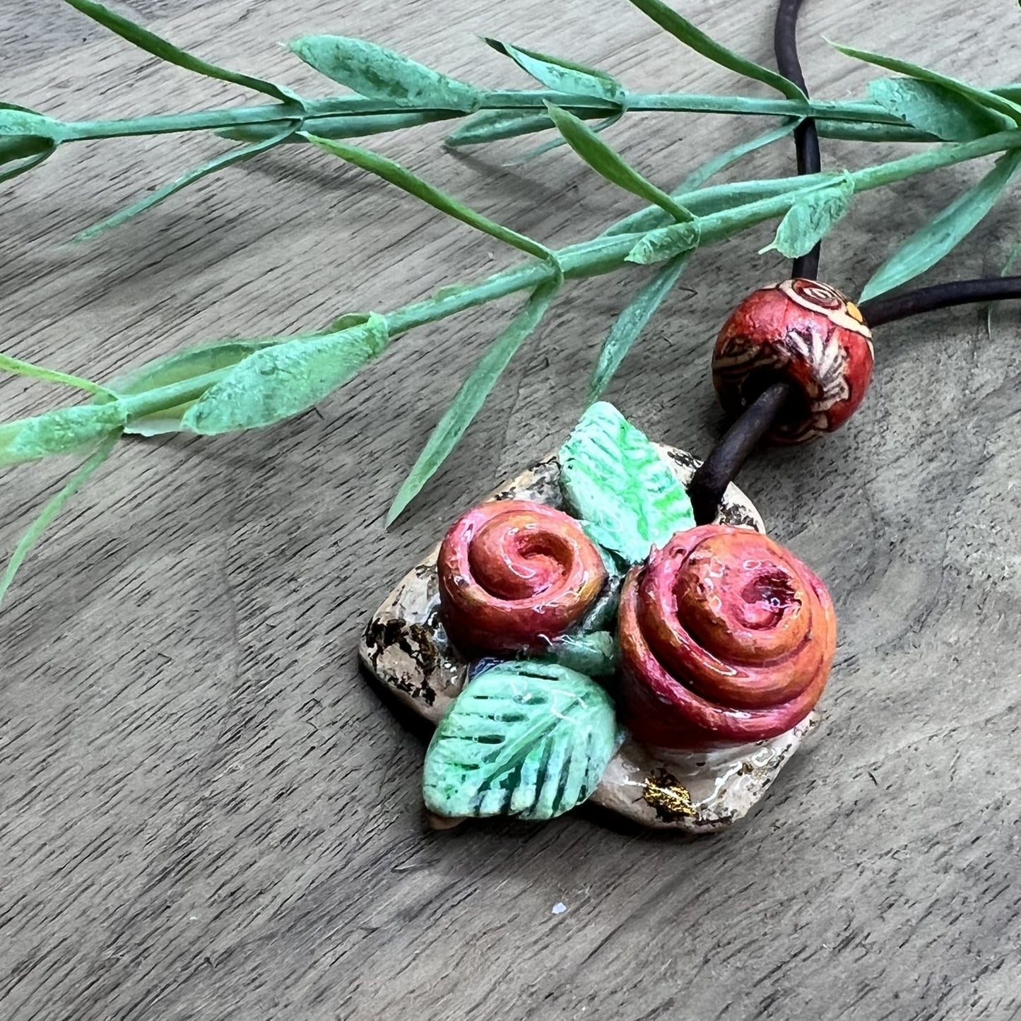 Rustic Rose Garden | Pink and Brown Heart-Shaped Polymer Clay Necklace Pendant