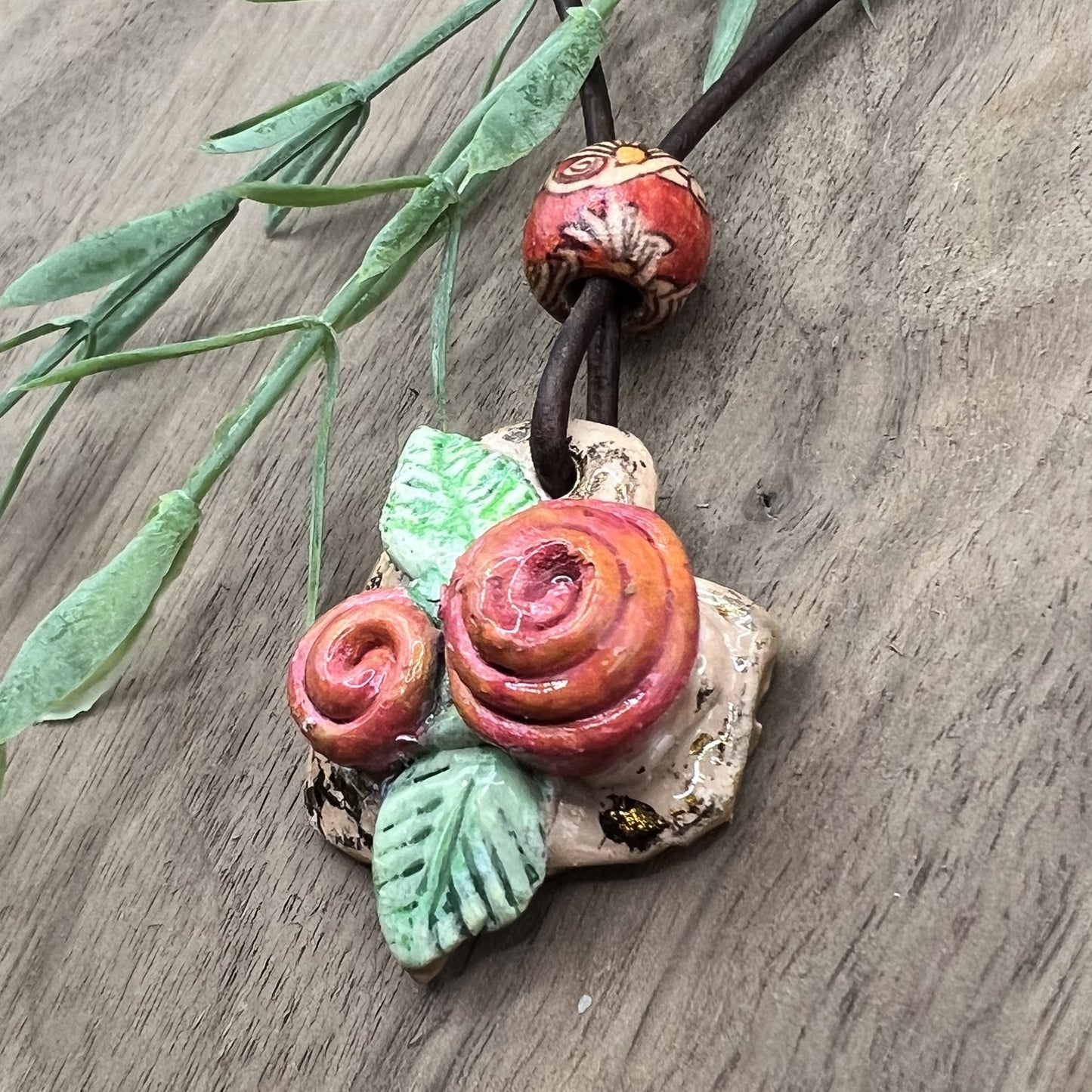 Rustic Rose Garden | Pink and Brown Heart-Shaped Polymer Clay Necklace Pendant