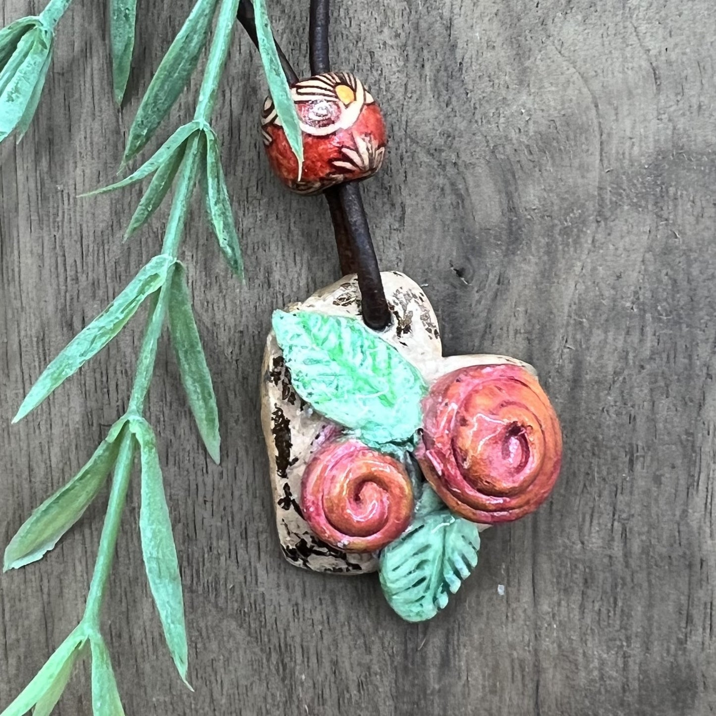 Rustic Rose Garden | Pink and Brown Heart-Shaped Polymer Clay Necklace Pendant