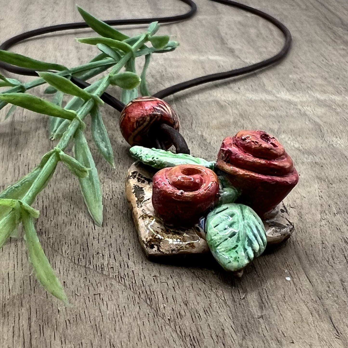 Rustic Rose Garden | Pink and Brown Heart-Shaped Polymer Clay Necklace Pendant