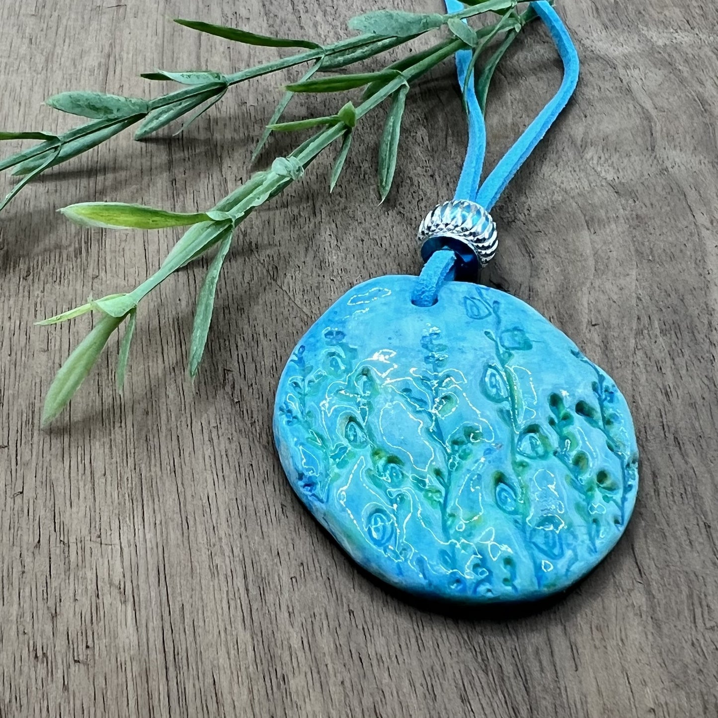 Tranquil Oasis | Handcrafted Teal Oval Polymer Clay Necklace Pendant