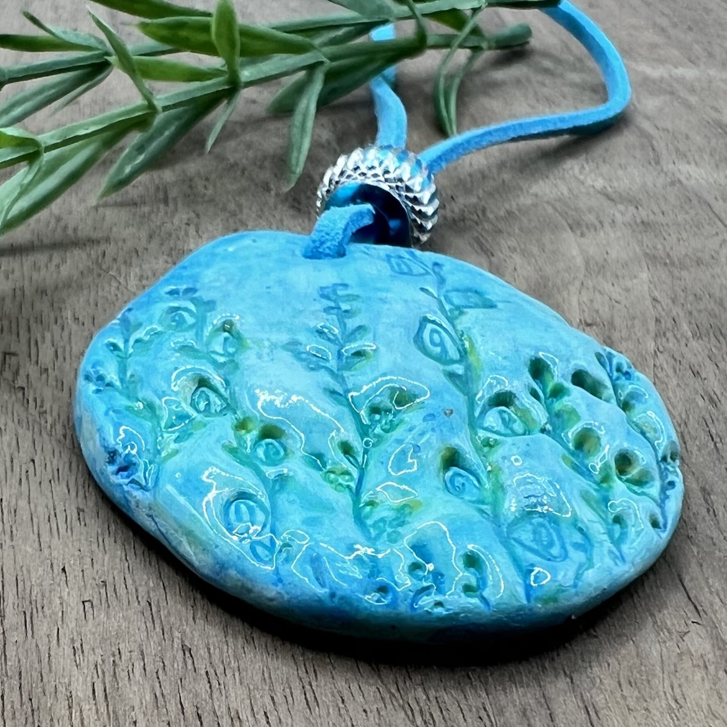 Tranquil Oasis | Handcrafted Teal Oval Polymer Clay Necklace Pendant