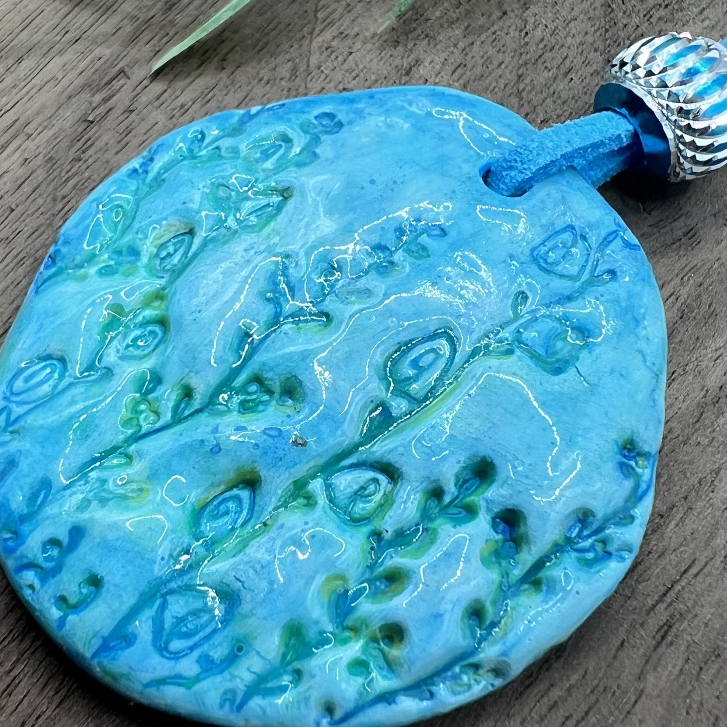 Tranquil Oasis | Handcrafted Teal Oval Polymer Clay Necklace Pendant