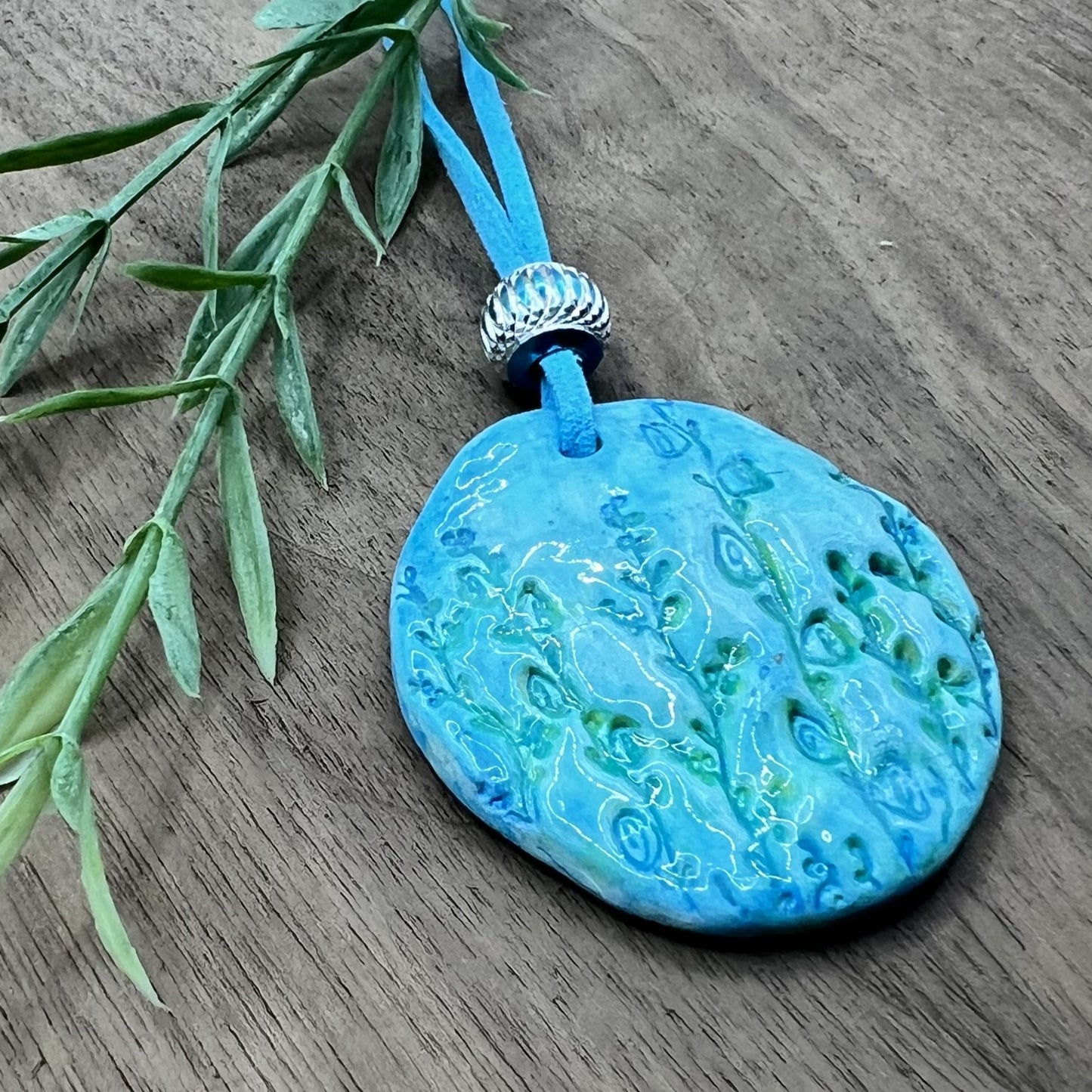 Tranquil Oasis | Handcrafted Teal Oval Polymer Clay Necklace Pendant