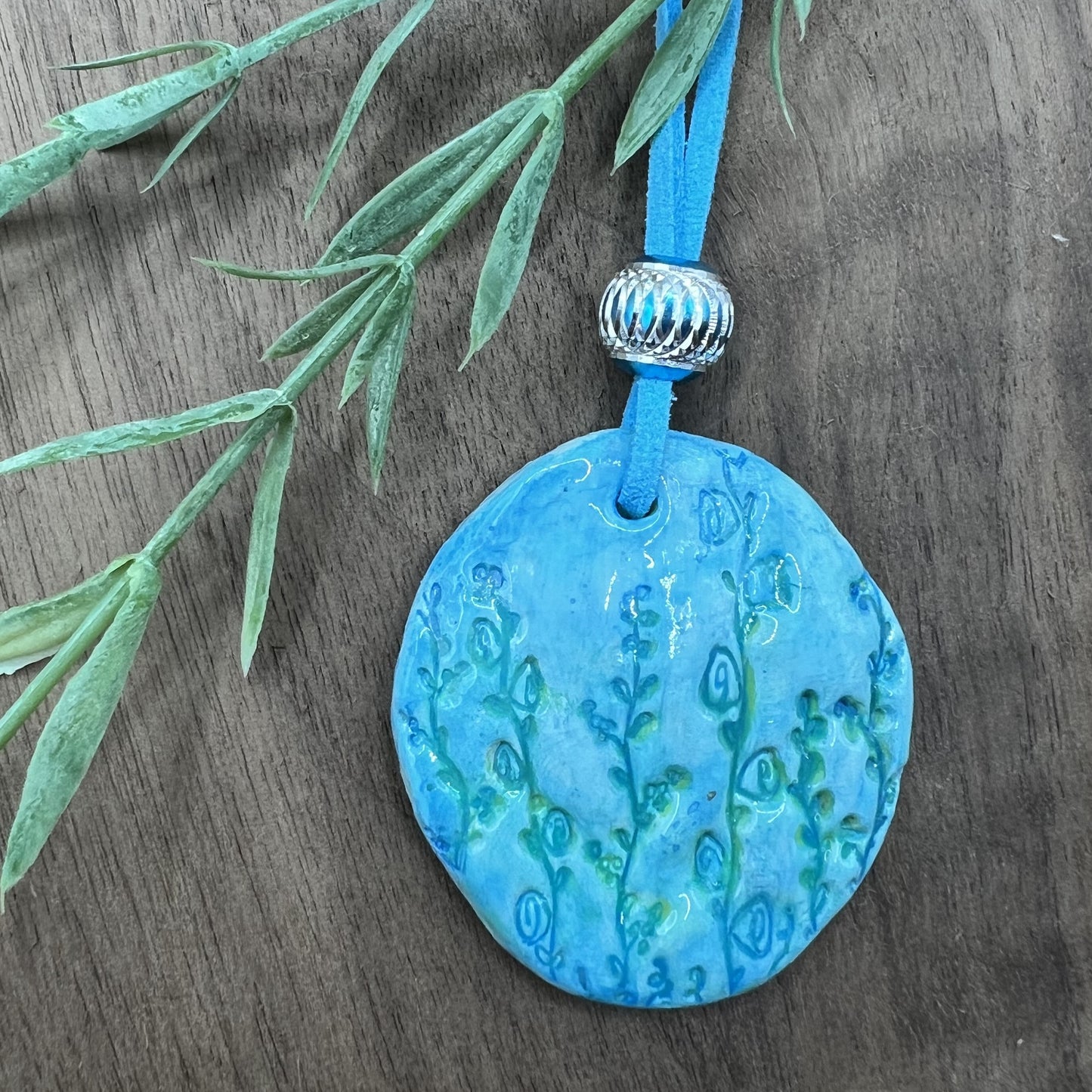 Tranquil Oasis | Handcrafted Teal Oval Polymer Clay Necklace Pendant