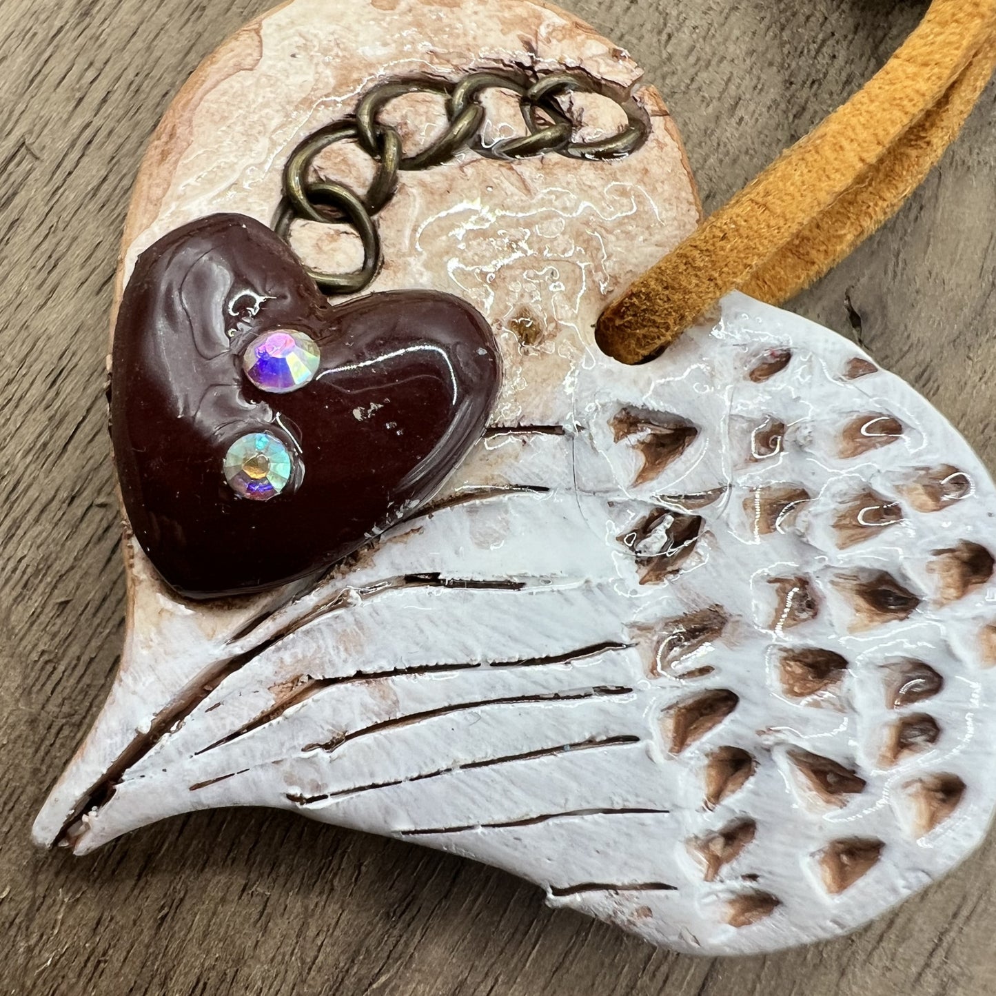 Wings of Devotion | Brown Heart-Shaped Polymer Clay Necklace with White Angel Wings Accent