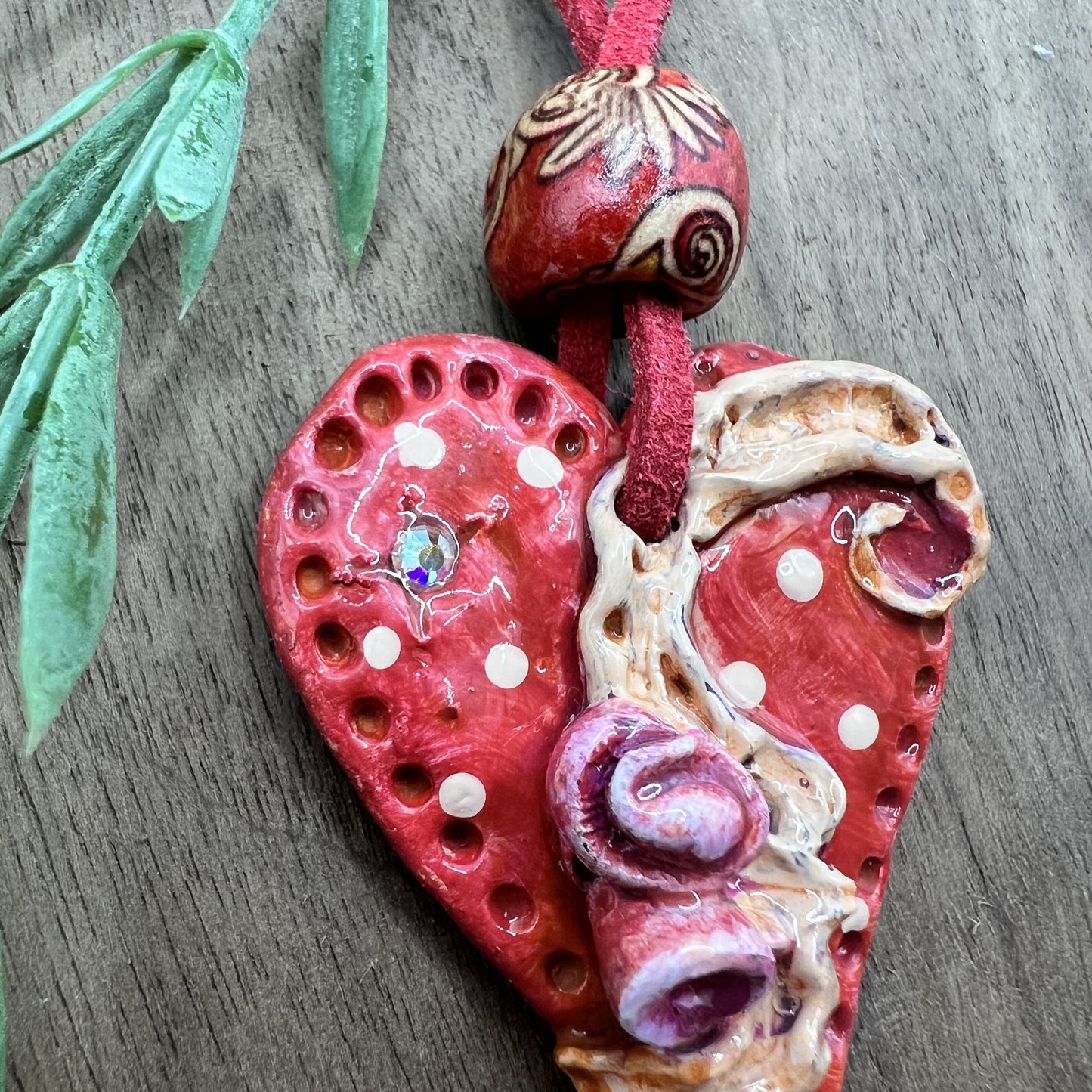 Rosebud Romance | Polymer Clay Red Heart-Shaped Pendant Necklace