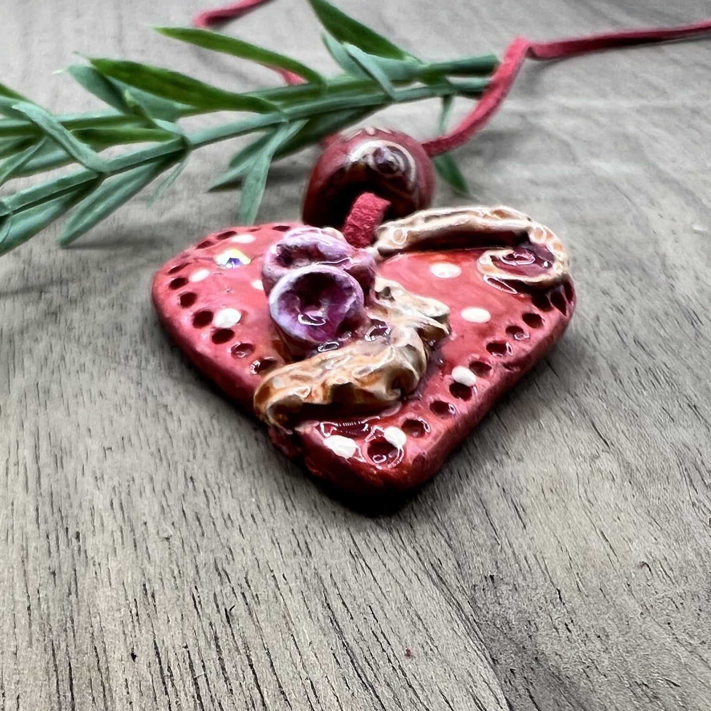 Rosebud Romance | Polymer Clay Red Heart-Shaped Pendant Necklace