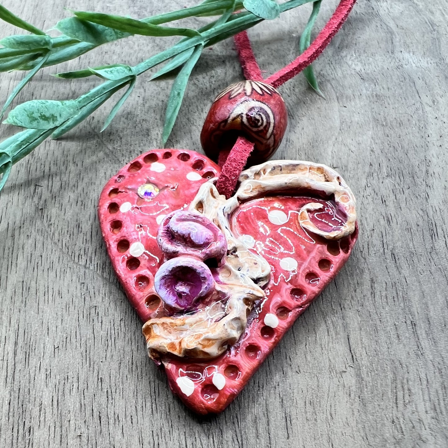 Rosebud Romance | Polymer Clay Red Heart-Shaped Pendant Necklace