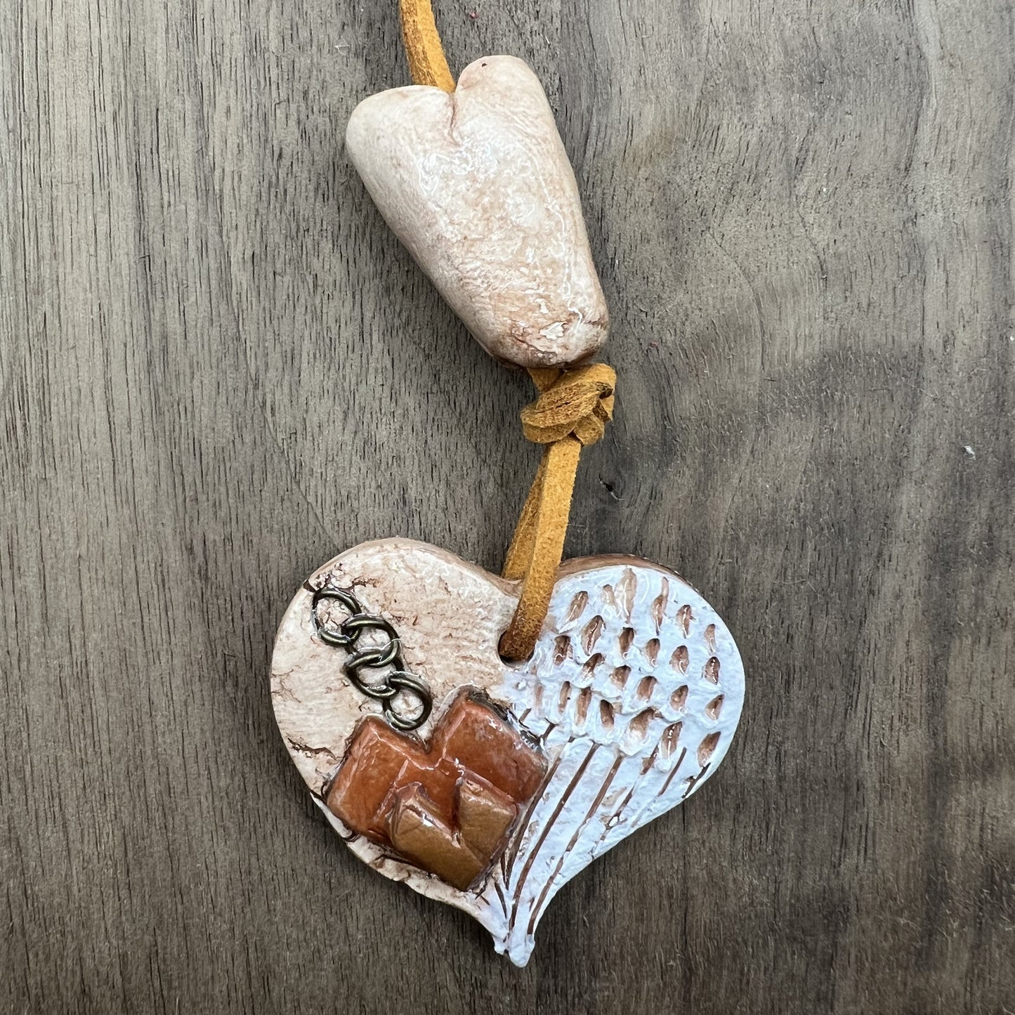 Earth Angel | Natural Brown and White Heart Shaped Polymer Clay Necklace Pendant