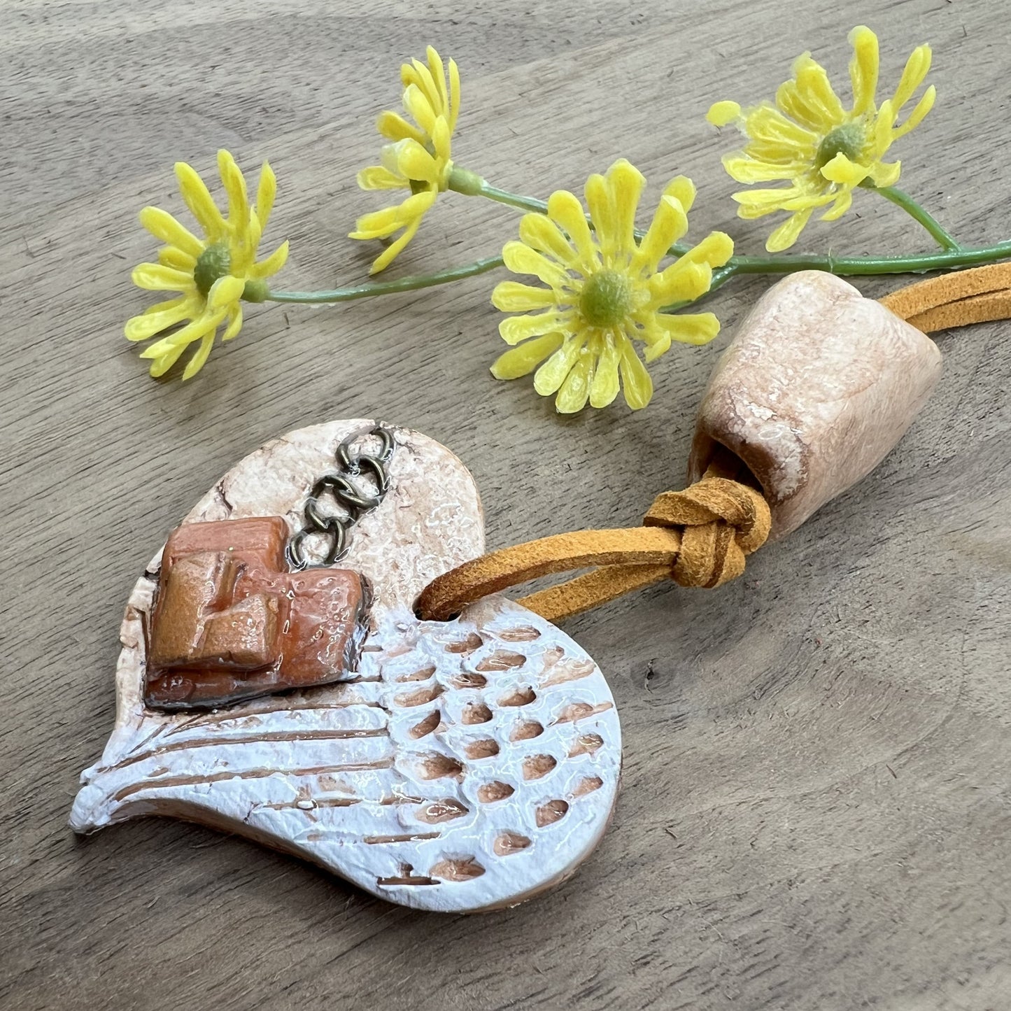 Earth Angel | Natural Brown and White Heart Shaped Polymer Clay Necklace Pendant