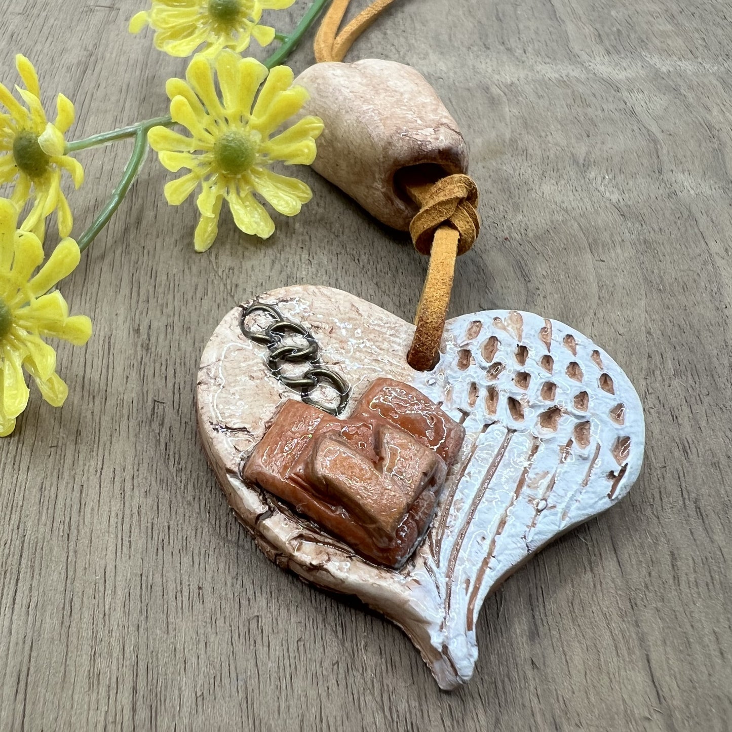 Earth Angel | Natural Brown and White Heart Shaped Polymer Clay Necklace Pendant