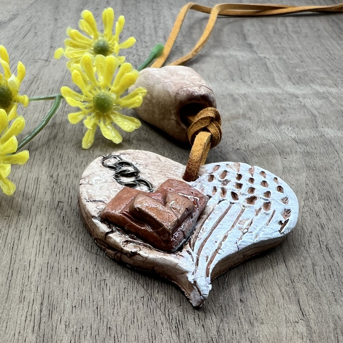 Earth Angel | Natural Brown and White Heart Shaped Polymer Clay Necklace Pendant