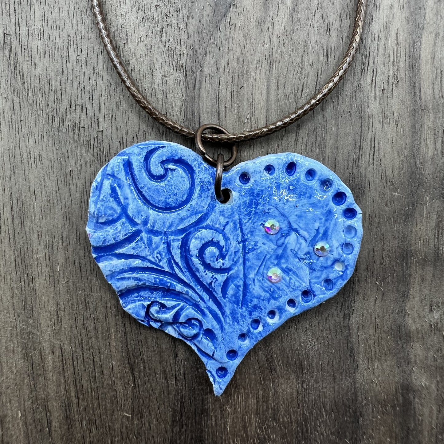 Denim & Jewels | Blue Heart-Shaped Polymer Clay Necklace Pendant