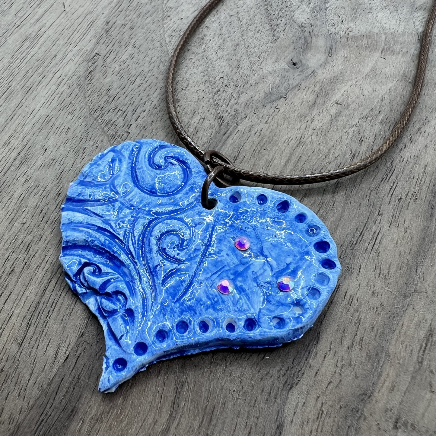 Denim & Jewels | Blue Heart-Shaped Polymer Clay Necklace Pendant