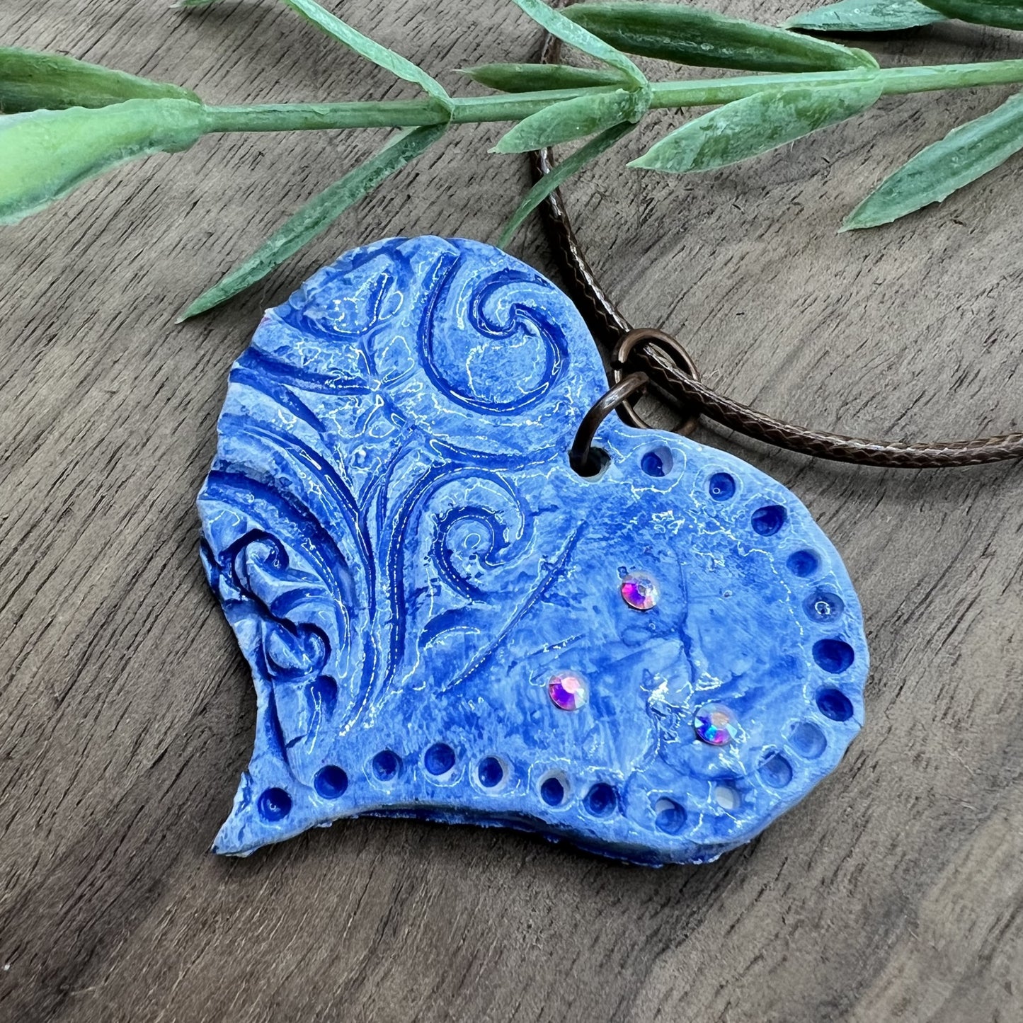 Denim & Jewels | Blue Heart-Shaped Polymer Clay Necklace Pendant