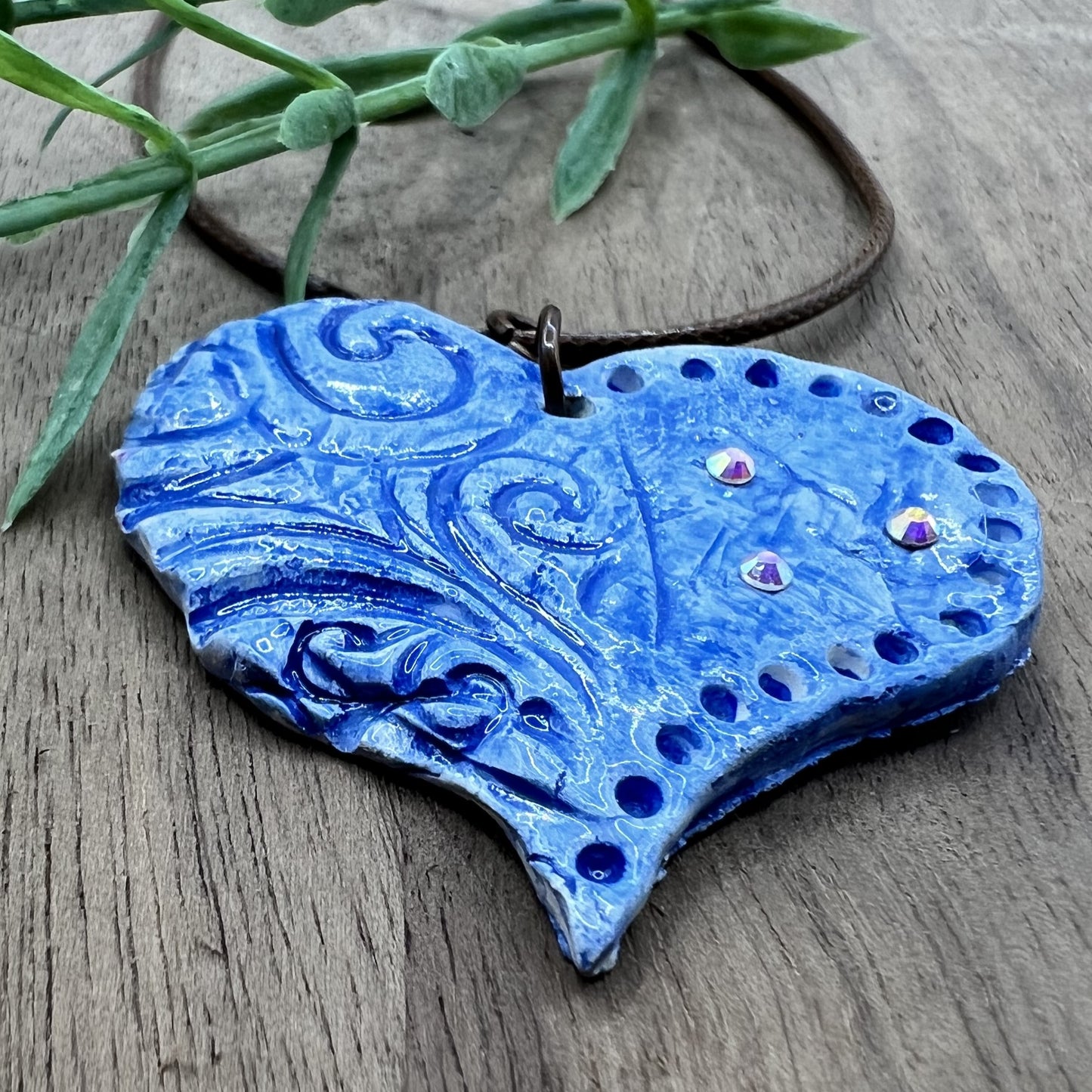 Denim & Jewels | Blue Heart-Shaped Polymer Clay Necklace Pendant