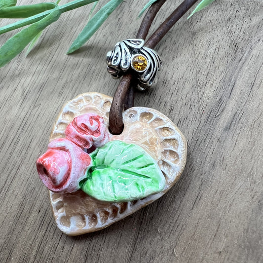 Heart of Roses | Pink Heart-Shaped Polymer Clay Necklace Pendant