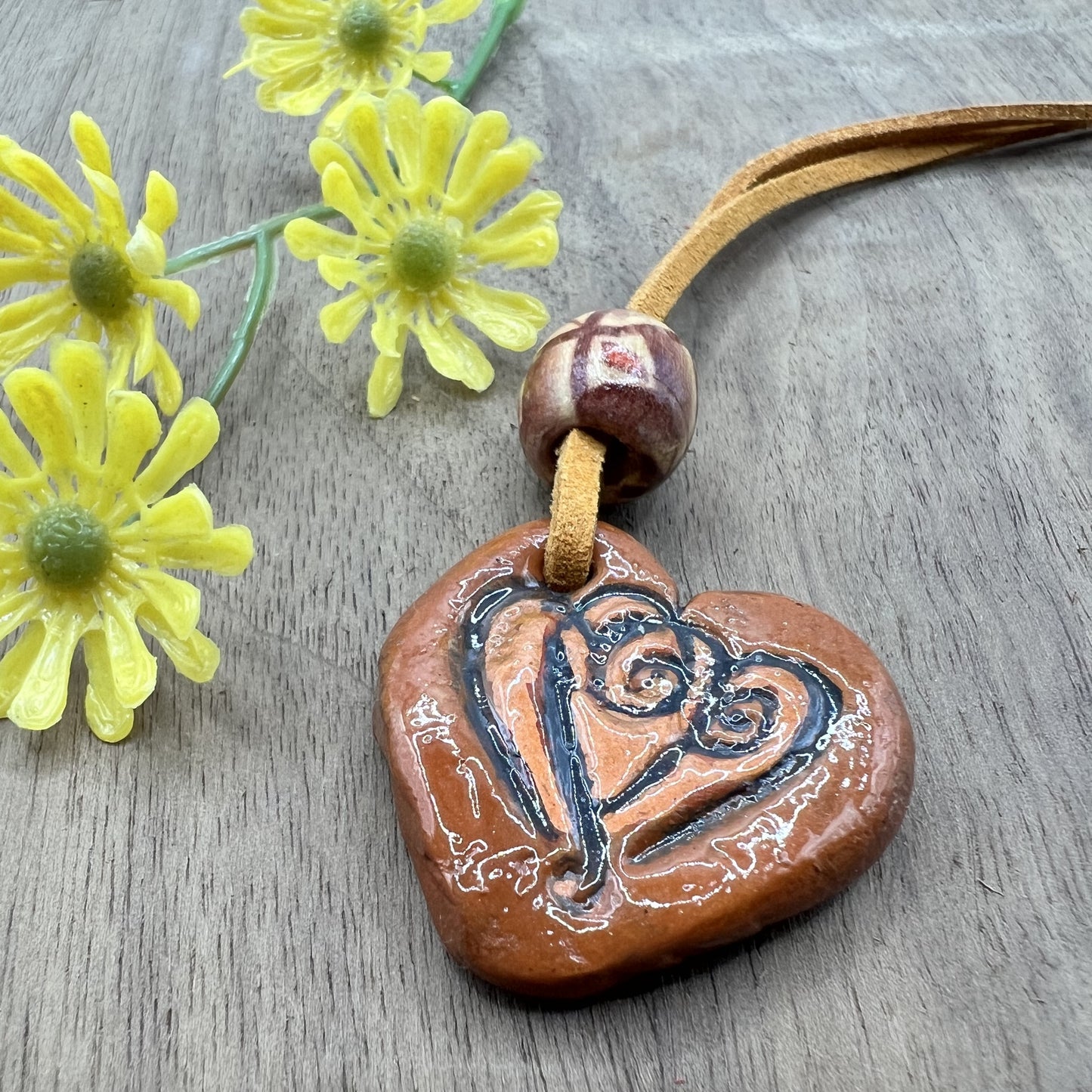 Copper Heartbeat | Terracotta Brown Heart-Shaped Polymer Clay Pendant Necklace