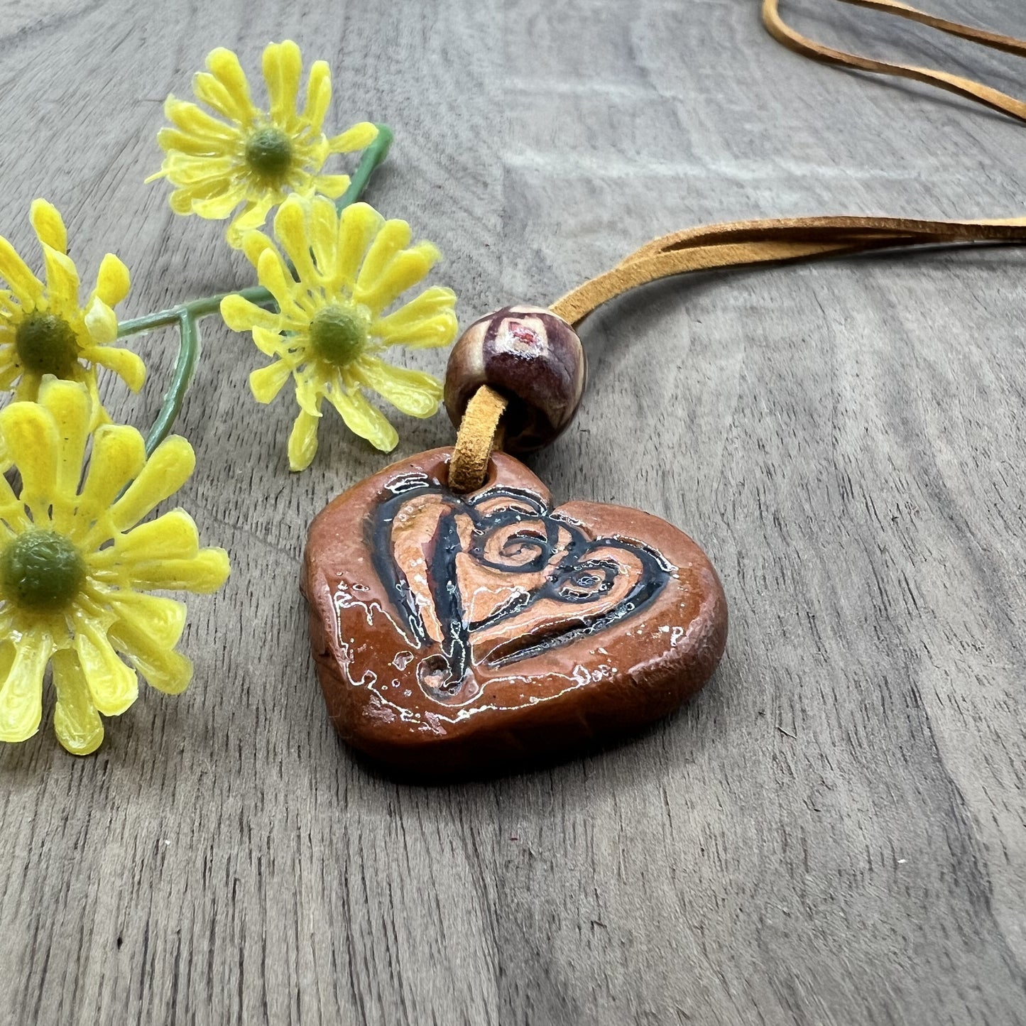 Copper Heartbeat | Terracotta Brown Heart-Shaped Polymer Clay Pendant Necklace