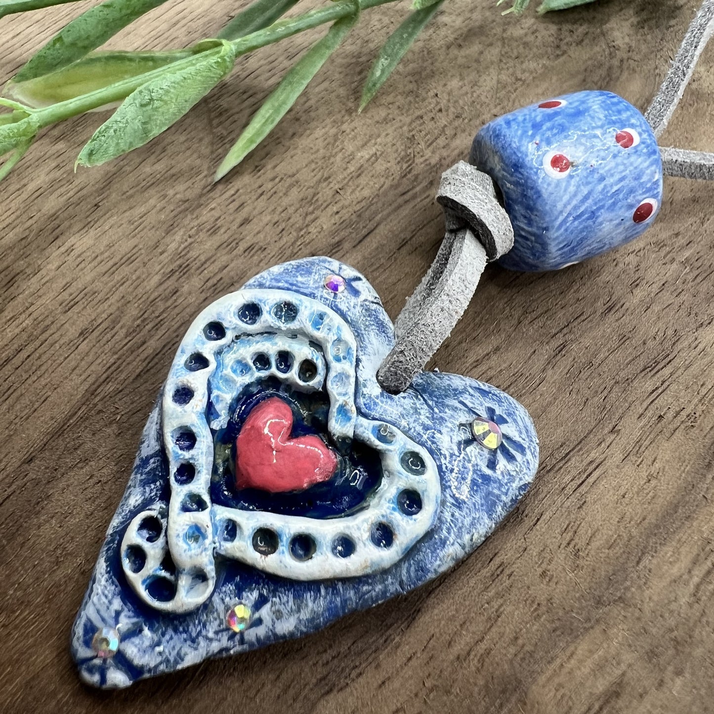 Blue Serenade | Pink and Blue Heart-Shaped Polymer Clay Pendant Necklace