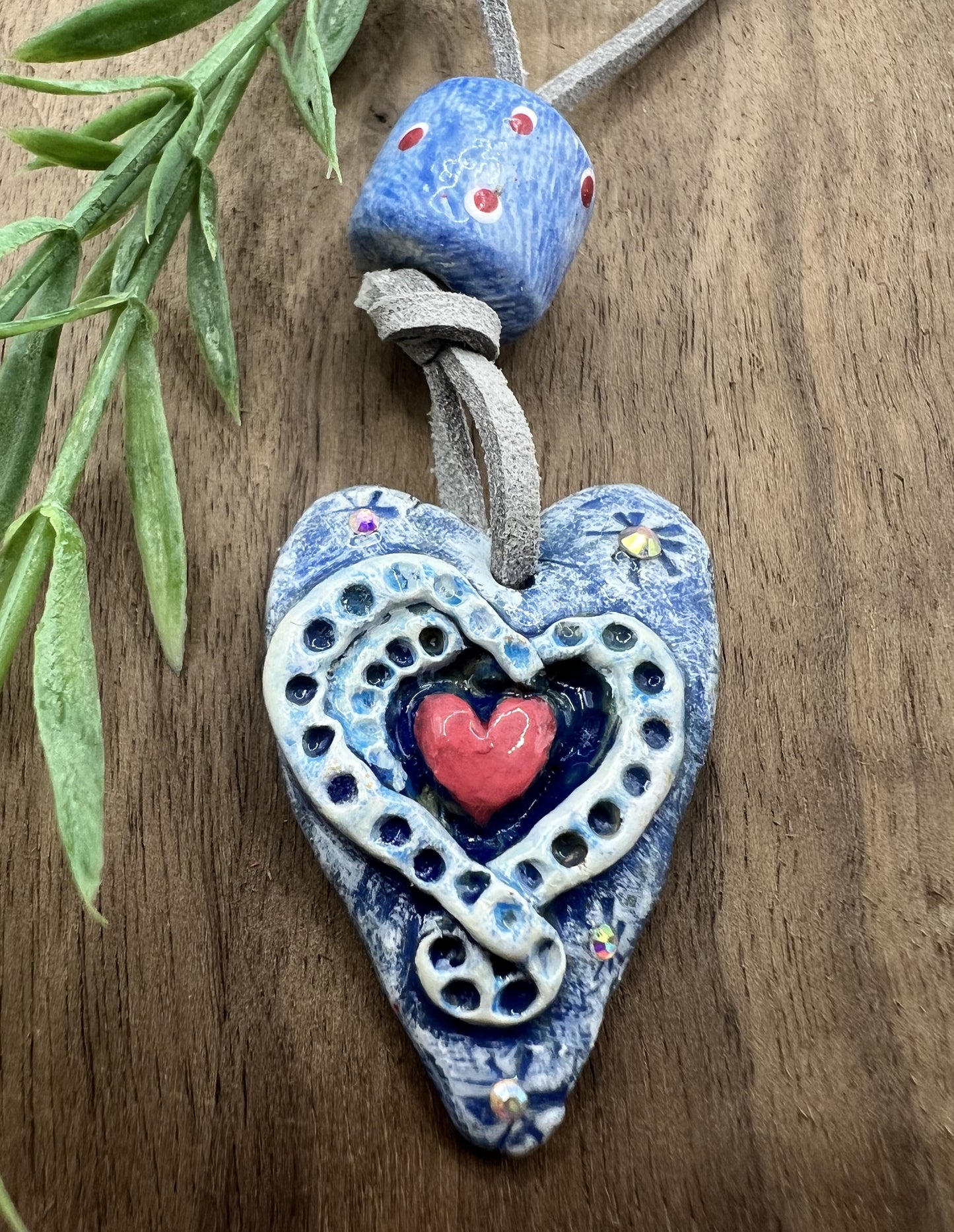 Blue Serenade | Pink and Blue Heart-Shaped Polymer Clay Pendant Necklace