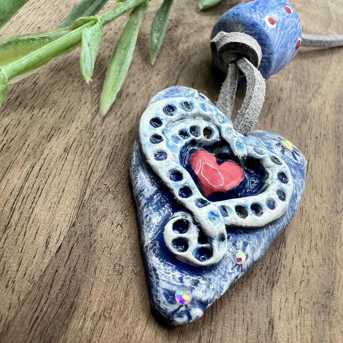 Blue Serenade | Pink and Blue Heart-Shaped Polymer Clay Pendant Necklace