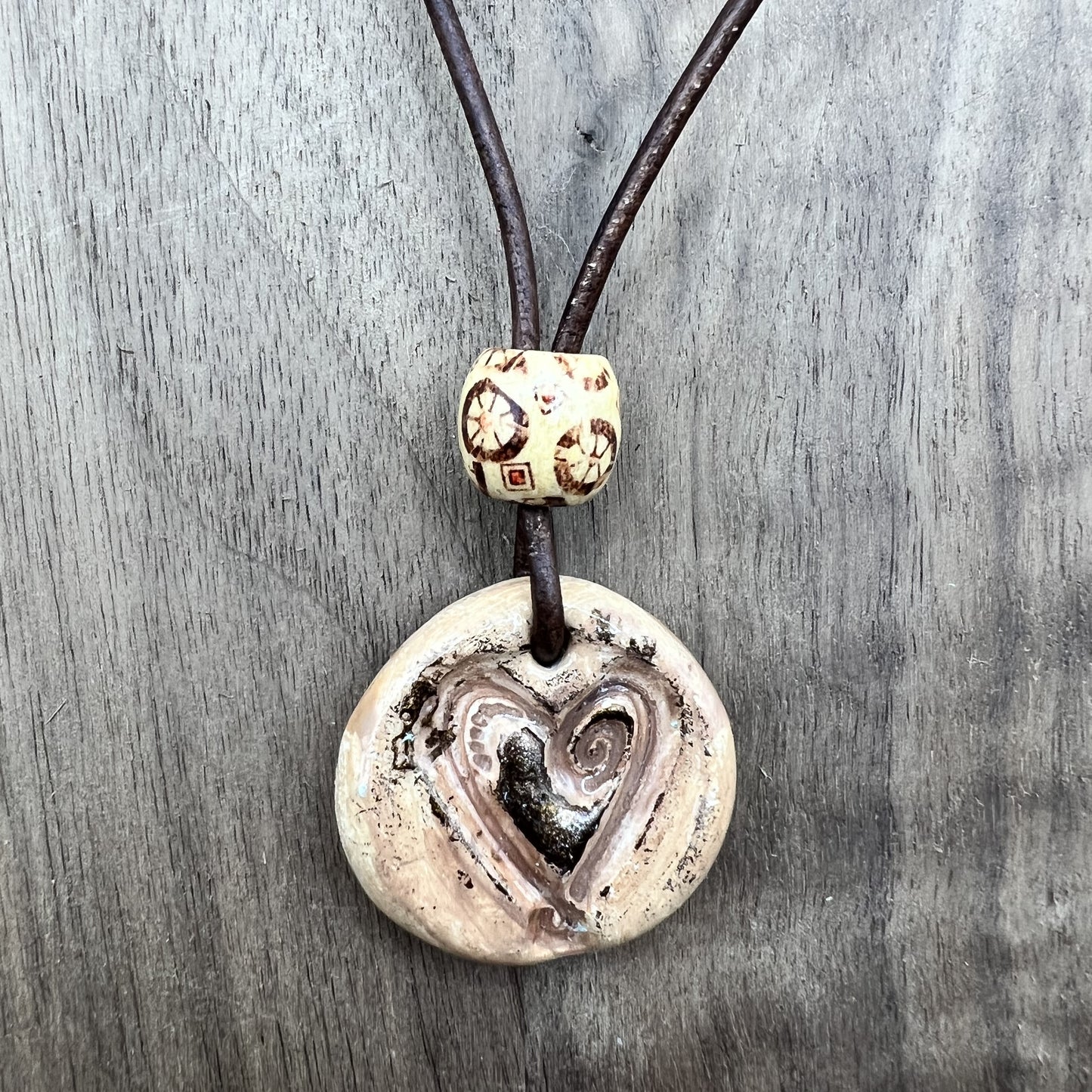 Rustic Hearts | Brown Polymer Clay Pendant Necklace with Heart Accent