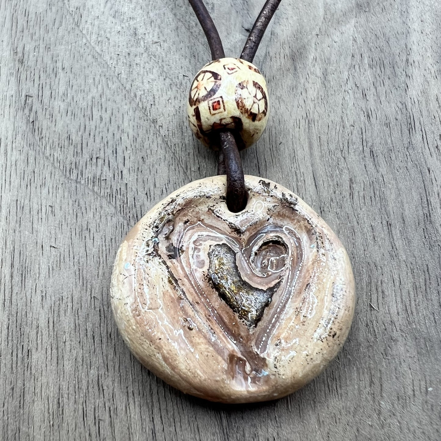 Rustic Hearts | Brown Polymer Clay Pendant Necklace with Heart Accent