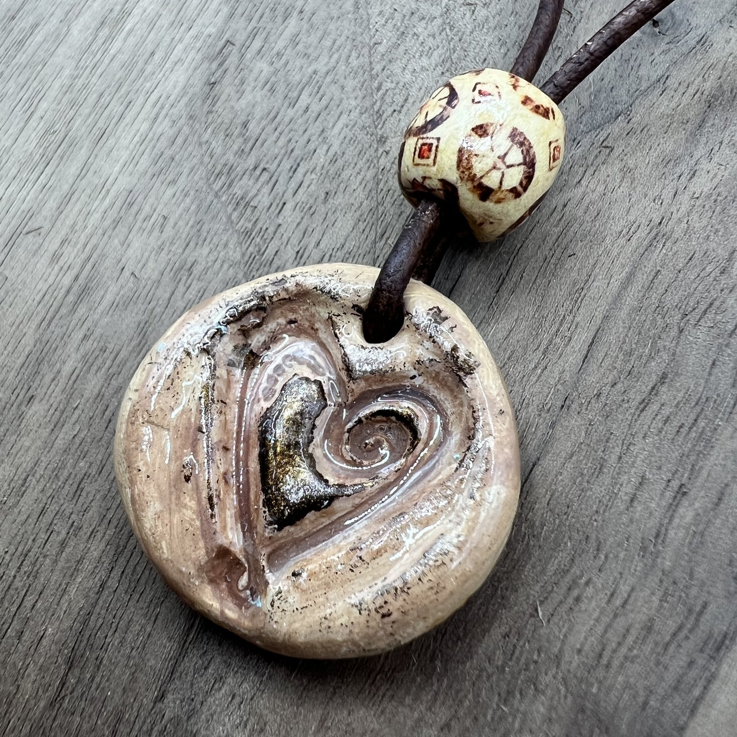 Rustic Hearts | Brown Polymer Clay Pendant Necklace with Heart Accent