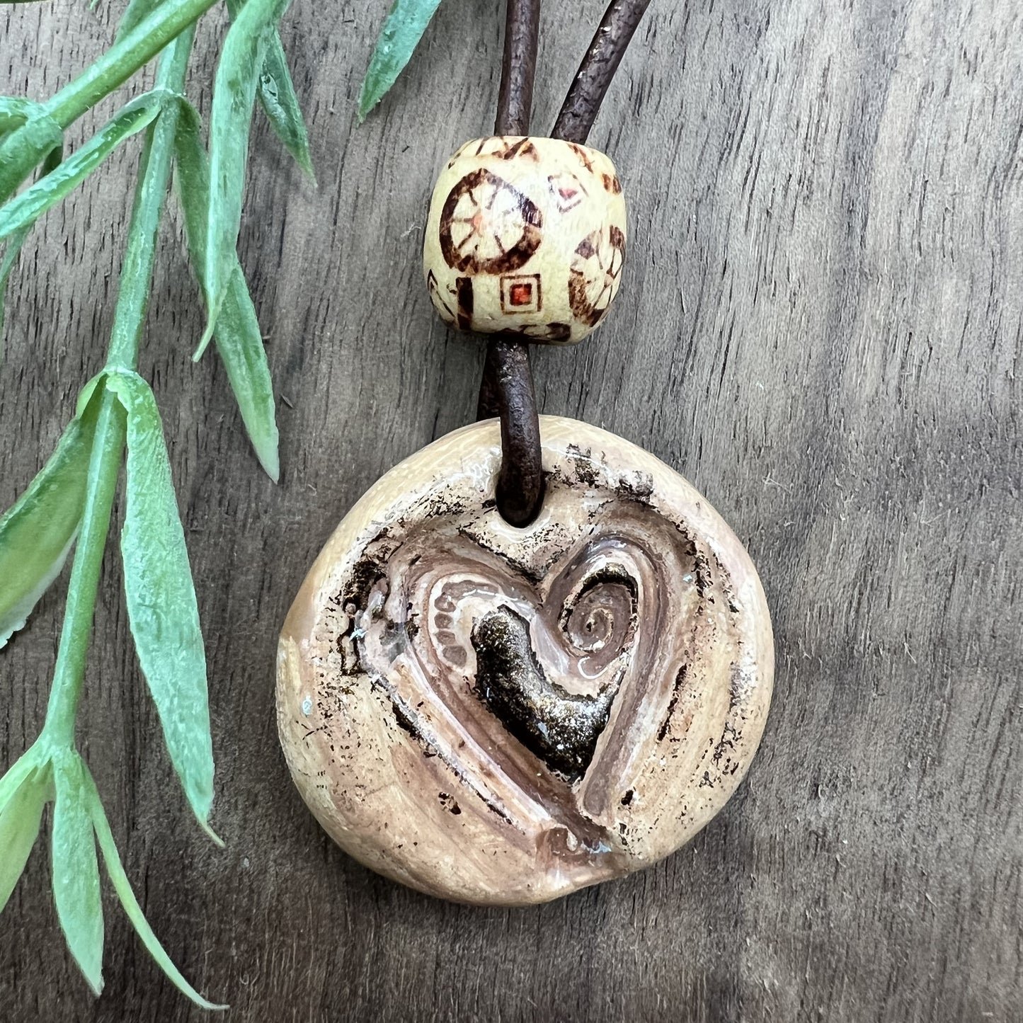 Rustic Hearts | Brown Polymer Clay Pendant Necklace with Heart Accent