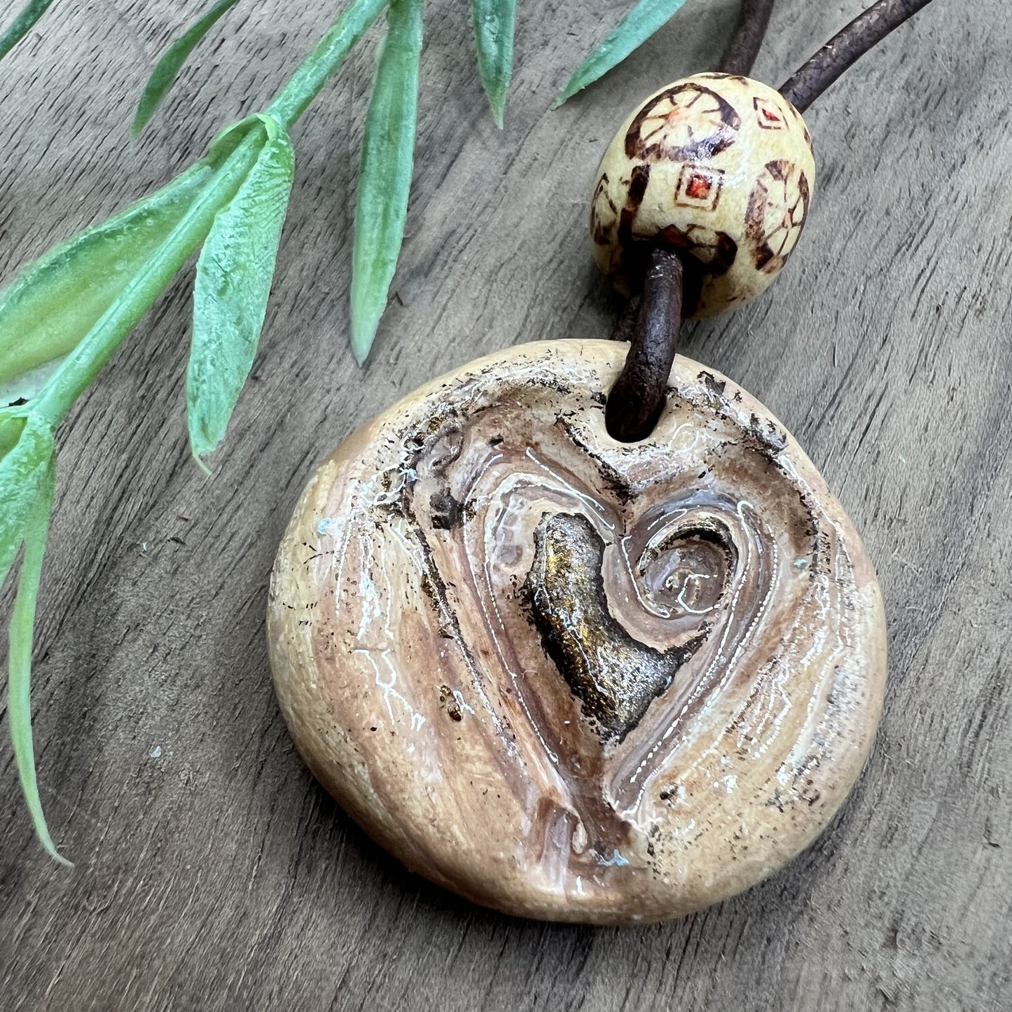 Rustic Hearts | Brown Polymer Clay Pendant Necklace with Heart Accent