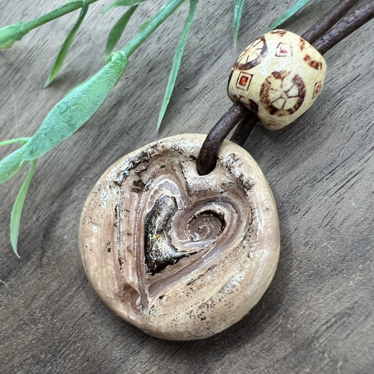 Rustic Hearts | Brown Polymer Clay Pendant Necklace with Heart Accent