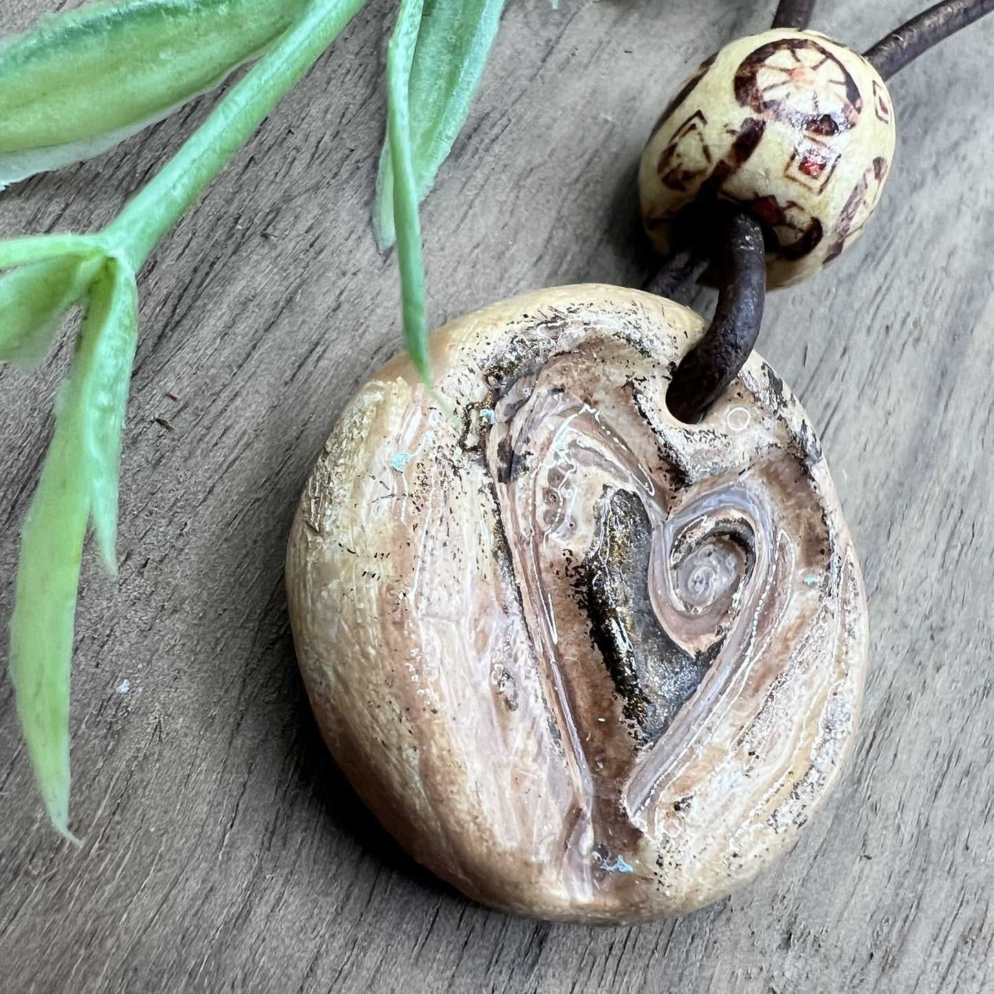 Rustic Hearts | Brown Polymer Clay Pendant Necklace with Heart Accent