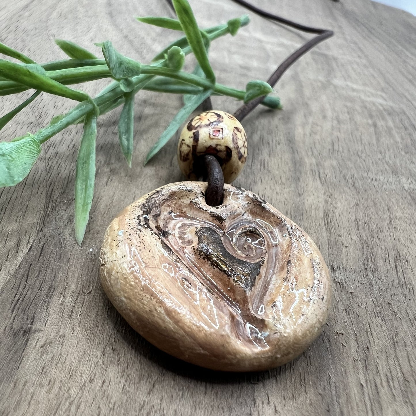 Rustic Hearts | Brown Polymer Clay Pendant Necklace with Heart Accent